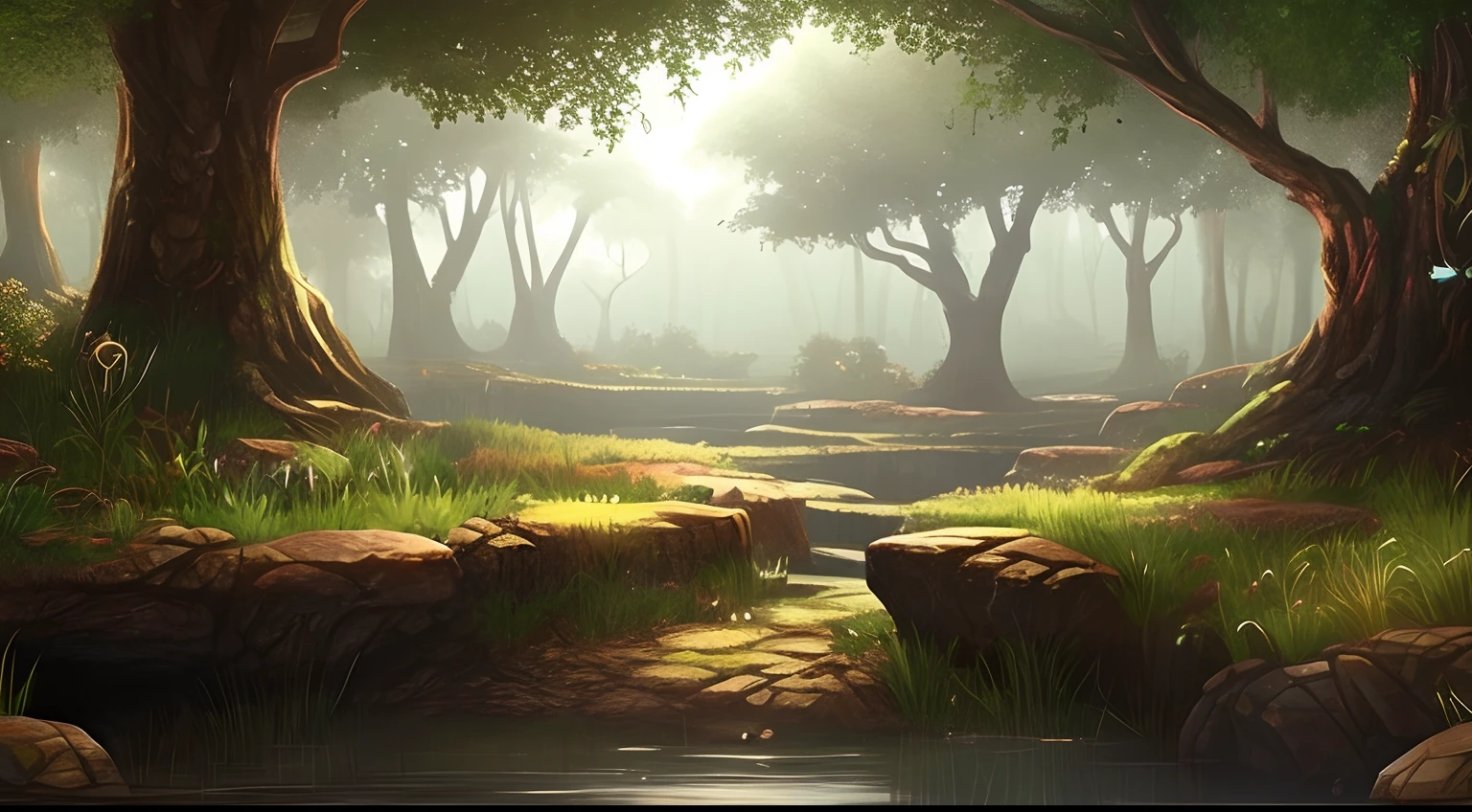 There is a horizontal platform of a mystical forest in a concept art for a 2D game, arte conceitual, paisagem horizonal, jogo de plataforma 2d, plataformas :1.2, (obra prima),(melhor qualidade), 8k, luz dinamica, sombras dinamicas, videogame
