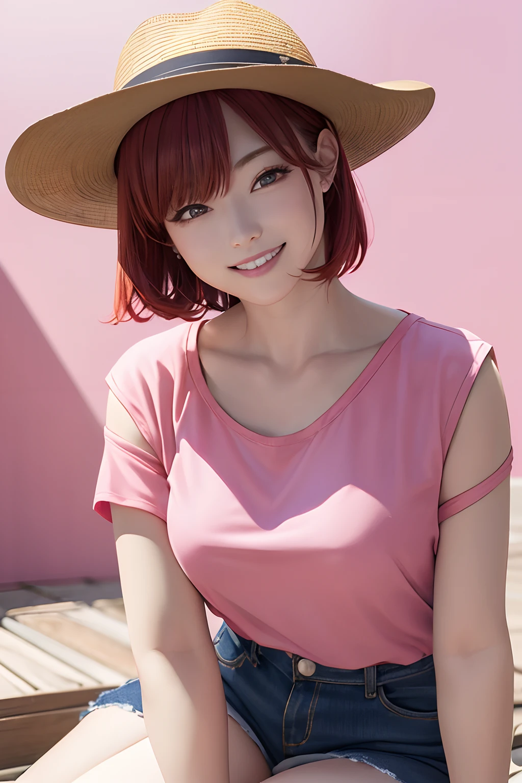 masterpiece, best quality, anime, highly detailed, ((1girl)), (solo), cowboy shot, nakano ichika, pink hair, short hair, yellow sweater, off-shoulder sweater, collarbone, long sleeves, (black bra), medium breasts, smile, outdoors, city