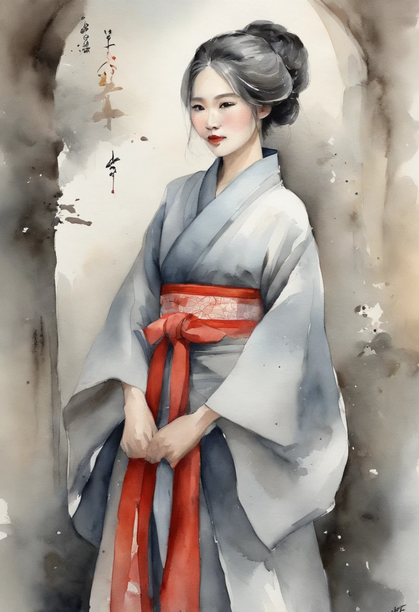Hakama、full body Esbian、gray hair and gray color,,、((masterpiece))、60 talents、femele