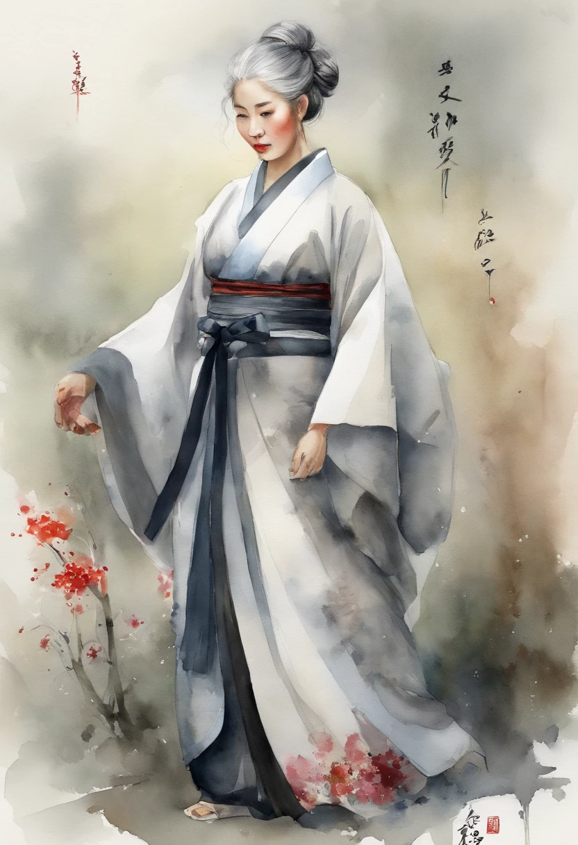 Hakama、full body Esbian、gray hair and gray color,,、((​masterpiece))、60 talents、femele