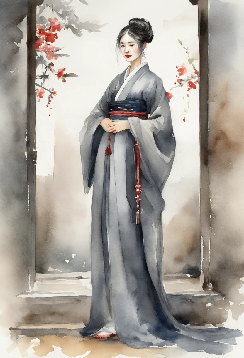 Hakama、full body Esbian、gray hair and gray color,,、((masterpiece))、60 talents、femele