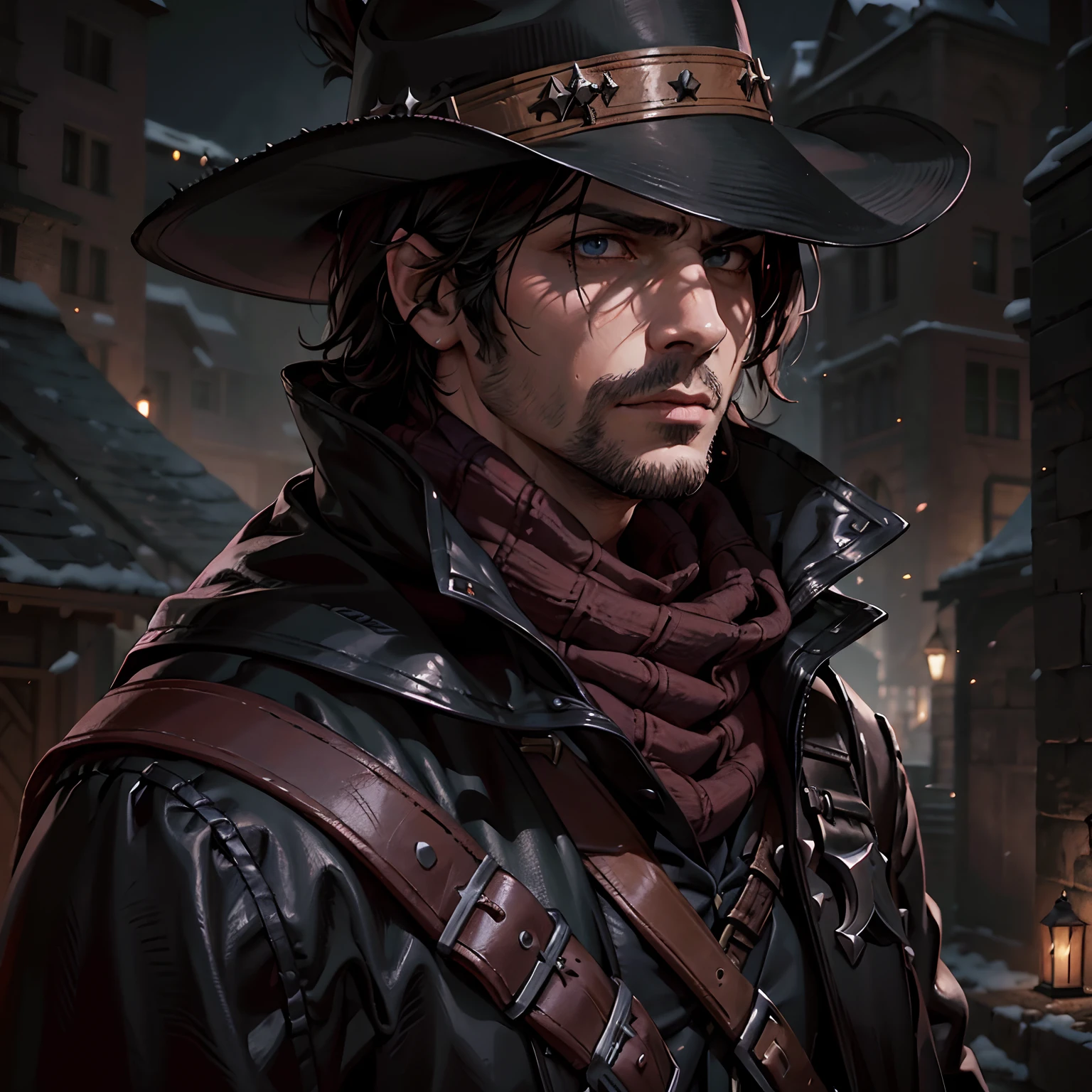 Draw an RPG character. Using as a reference the top trends on Artstation and DeviantArt in digital ART, fantasy, portrait. Use John Marston from Red Dead Redemption as a reference. A young male rogue with a medieval vampire appearance wears, a black cowboy hat, and black robes in an armored overcoat made of darkened leather with brown tones.