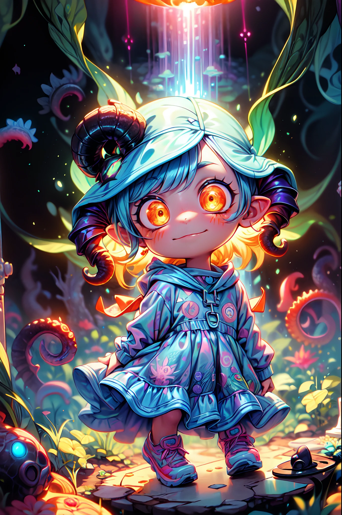 una chica(20 year) con pelo largo(pelo bioluminiscente)vestido largo parada cerca de un portal, el ambiente es caotico, mucho fuego, rios de lava, infernal, portal fluorescente, del otro lado del portal se ve la forma de cthulhu