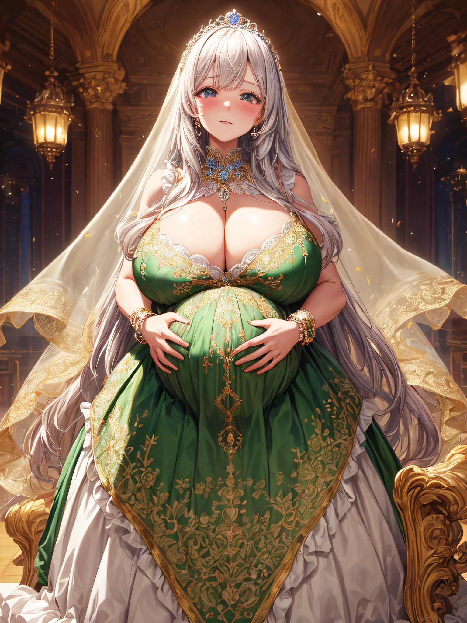 (masterpiece, best quality,extremely detailed:1.1),(moe anime art style:1.2),1girl,((full body,focus face)),((solo)), cute, kawaii,digital art,((1 bling-bling pregnant princess wearing beautiful embroidery and jeweled gorgeous rococo ballgown with jeweled voluminous full length hoop skirt)),(((heavily pregnant))),very big pregnant belly,((crinoline)),long train,voluminous frills,See-through,(gorgeous embroidery and beautiful lace),((very gigantic boobs,skindentation)),cleavage,shiny hair,(((very long hair,very long straight hair))),((embarrassed)),anguish,((finely detailed face and eyes)),clear pupil,extremely gorgeousfull hair ornament,(bling-bling jeweled extremely gorgeousfull tiara),(bling-bling gorgeous gemstone jewelry),long veil,(beautiful background),fantasy background,flowers,flower petals flowing,full body,((beautiful embroidery and jeweled ruffled gorgeous rococo ballgown with voluminous full length hoop skirt))