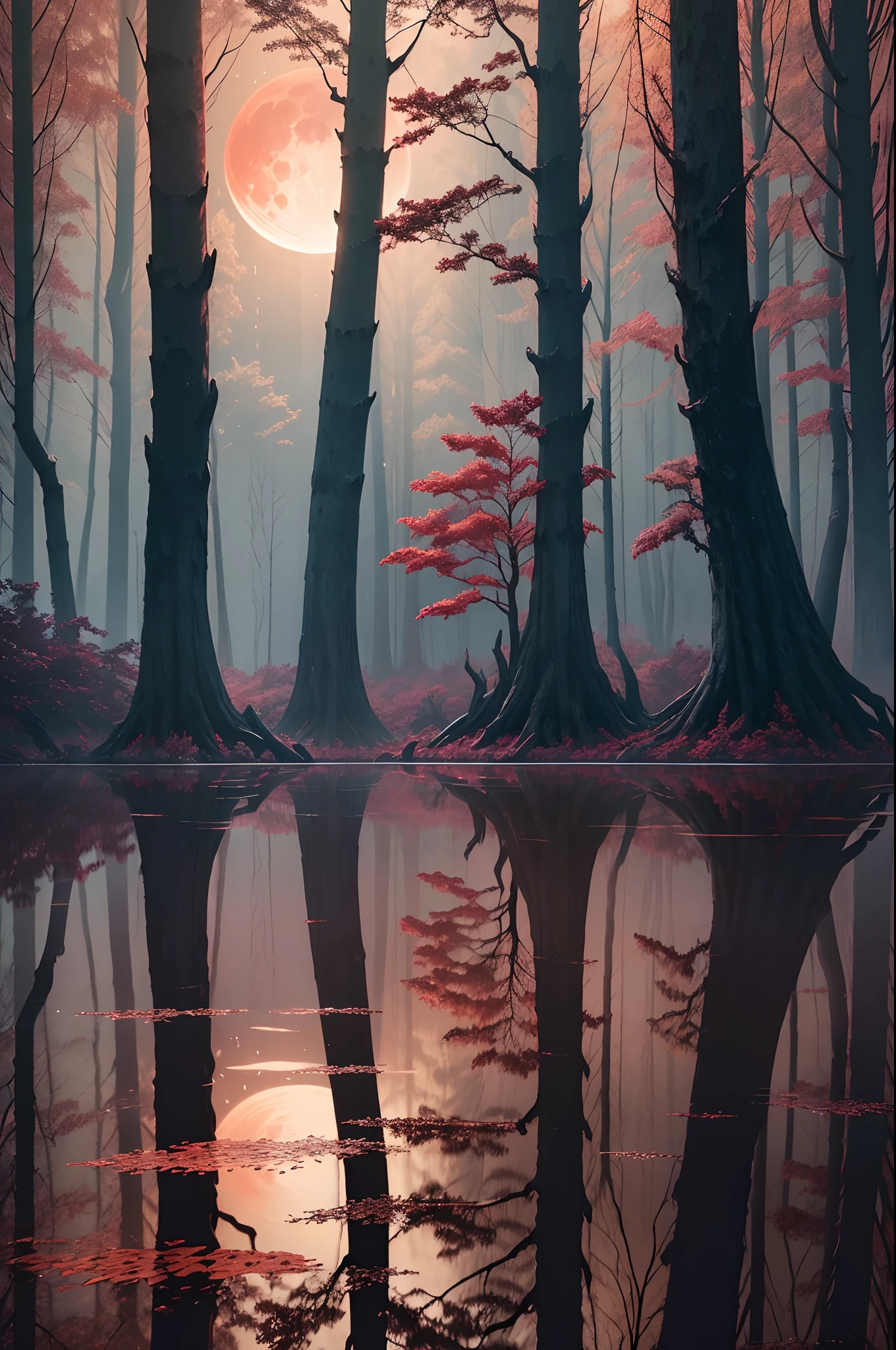 dense forest, blood moon, eerie, dark, autumn, river.
(best quality,4k,8k,highres,masterpiece:1.2),ultra-detailed,(realistic,photorealistic,photo-realistic:1.37),HDR,UHD,studio lighting,ultra-fine painting,sharp focus,physically-based rendering,extreme detail description,professional,vivid colors,bokeh,
landscape,horror,
autumn colors,
mysterious moonlit shadows,
twisted tree trunks,
glimmering river reflection,
whispering wind through the leaves,
silhouettes of hidden creatures,
wisp of fog in the air,
eerie atmosphere,
ethereal beauty of darkness,
subtle shades of red dancing in the moonlight,
blending of nature and mystery,
hauntingly captivating scene.