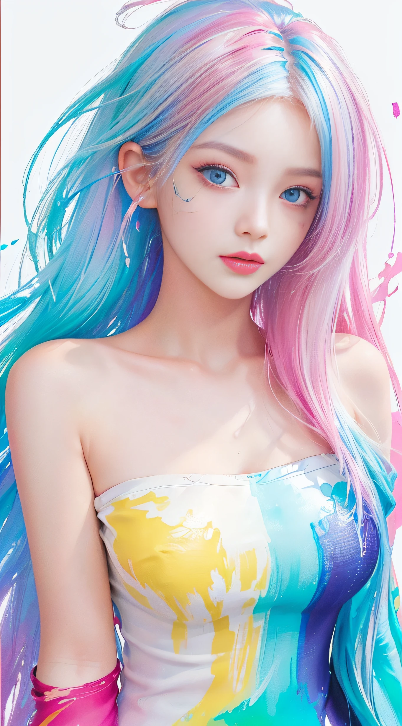 (Pink Fashion T-shirt:1.9),(Colorful hair: 1.8), (all the colours of the rainbow: 1.8),(((((vertical painting:1.6))), (painting:1.6),front, comics, illustrations, paintings, large eyes, crystal clear eyes,( rainbow color gradient high ponytail:1.7), exquisite makeup, closed mouth,(Small Fresh: 1.5),(Wipe Chest: 1.6) ,long eyelashes, white off shoulder T-shirt, White Shoulder Shirt,looking at the audience, large watery eyes, (rainbow colored hair:1.6), color splash, (solo:1.8), color splash, color explosion, thick paint style, messy lines, ((shining)),(colorful), (colorful), (colorful), colorful, Thick Paint Style, (Splash) (Color Splash), Vertical Painting, Upper Body, Paint Splash, Acrylic Pigment, Gradient, Paint, Highest Image Quality, Highest Quality, Masterpiece, Solo, Depth of Field, Face Paint, colorful clothes, (Elegant: 1.2), gorgeous,long hair, wind, (Elegant: 1.3), (Petals: 1.4),(((masterpiece))),(((best quality))),((ultra-detailed)),(illustration),(dynamic angle),((floating)),(paint),((disheveled hair)),(solo),(1girl) , (((detailed anima face))),((beautiful detailed face)),collar,bare shoulders,white hair, ((colorful hair)),((streaked hair)),beautiful detailed eyes,(Gradient color eyes),(((colorful eyes))),(((colorful background))),(((high saturation))),(((surrounded by colorful splashes))),
