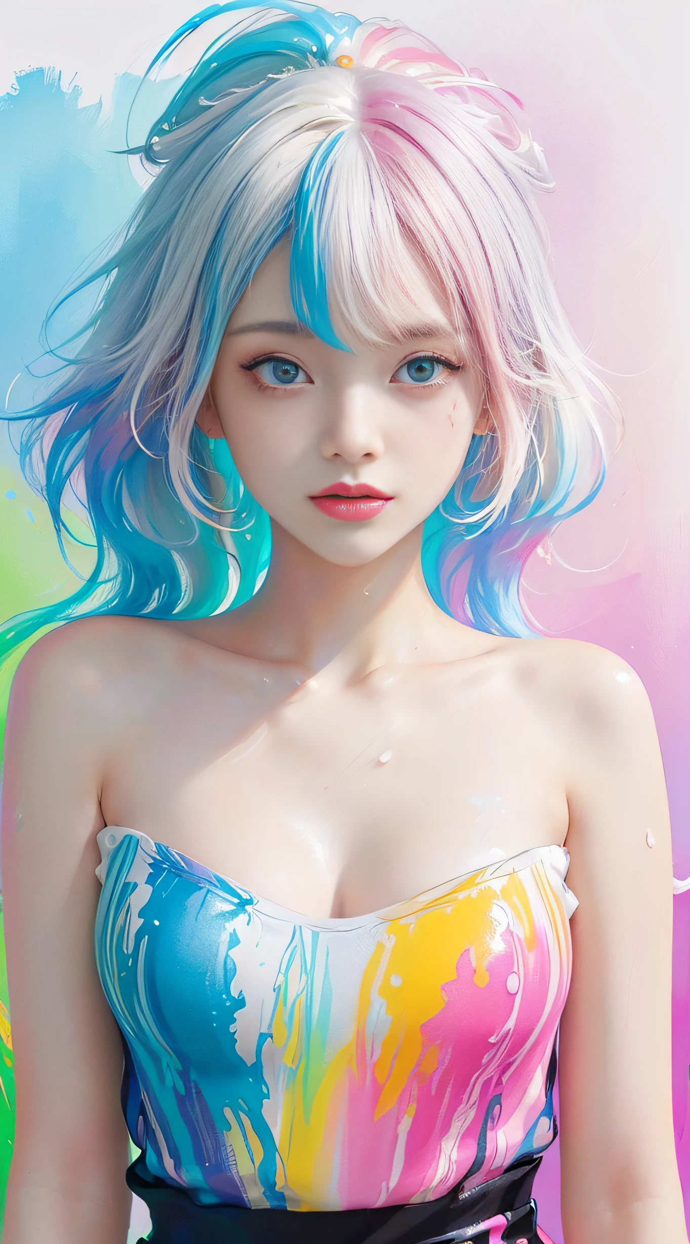 (Pink Fashion T-shirt:1.9),(Colorful hair: 1.8), (all the colours of the rainbow: 1.8),(((((vertical painting:1.6))), (painting:1.6),front, comics, illustrations, paintings, large eyes, crystal clear eyes,( rainbow color gradient high ponytail:1.7), exquisite makeup, closed mouth,(Small Fresh: 1.5),(Wipe Chest: 1.6) ,long eyelashes, white off shoulder T-shirt, White Shoulder Shirt,looking at the audience, large watery eyes, (rainbow colored hair:1.6), color splash, (solo:1.8), color splash, color explosion, thick paint style, messy lines, ((shining)),(colorful), (colorful), (colorful), colorful, Thick Paint Style, (Splash) (Color Splash), Vertical Painting, Upper Body, Paint Splash, Acrylic Pigment, Gradient, Paint, Highest Image Quality, Highest Quality, Masterpiece, Solo, Depth of Field, Face Paint, colorful clothes, (Elegant: 1.2), gorgeous,long hair, wind, (Elegant: 1.3), (Petals: 1.4),(((masterpiece))),(((best quality))),((ultra-detailed)),(illustration),(dynamic angle),((floating)),(paint),((disheveled hair)),(solo),(1girl) , (((detailed anima face))),((beautiful detailed face)),collar,bare shoulders,white hair, ((colorful hair)),((streaked hair)),beautiful detailed eyes,(Gradient color eyes),(((colorful eyes))),(((colorful background))),(((high saturation))),(((surrounded by colorful splashes))),