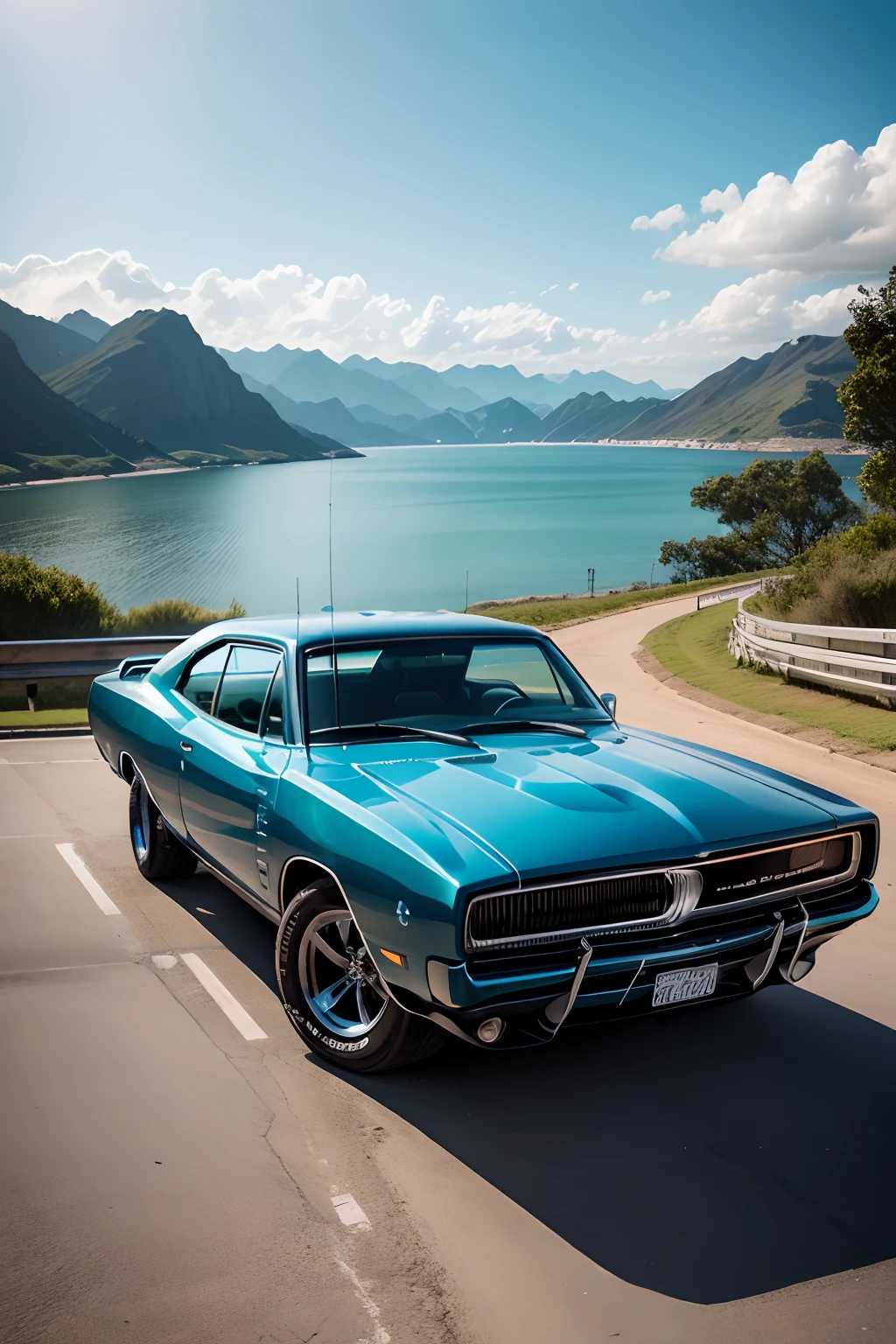 criar uma imagem de carro de dodge charger r/t e uma uma paisagem de fundo cidade retro