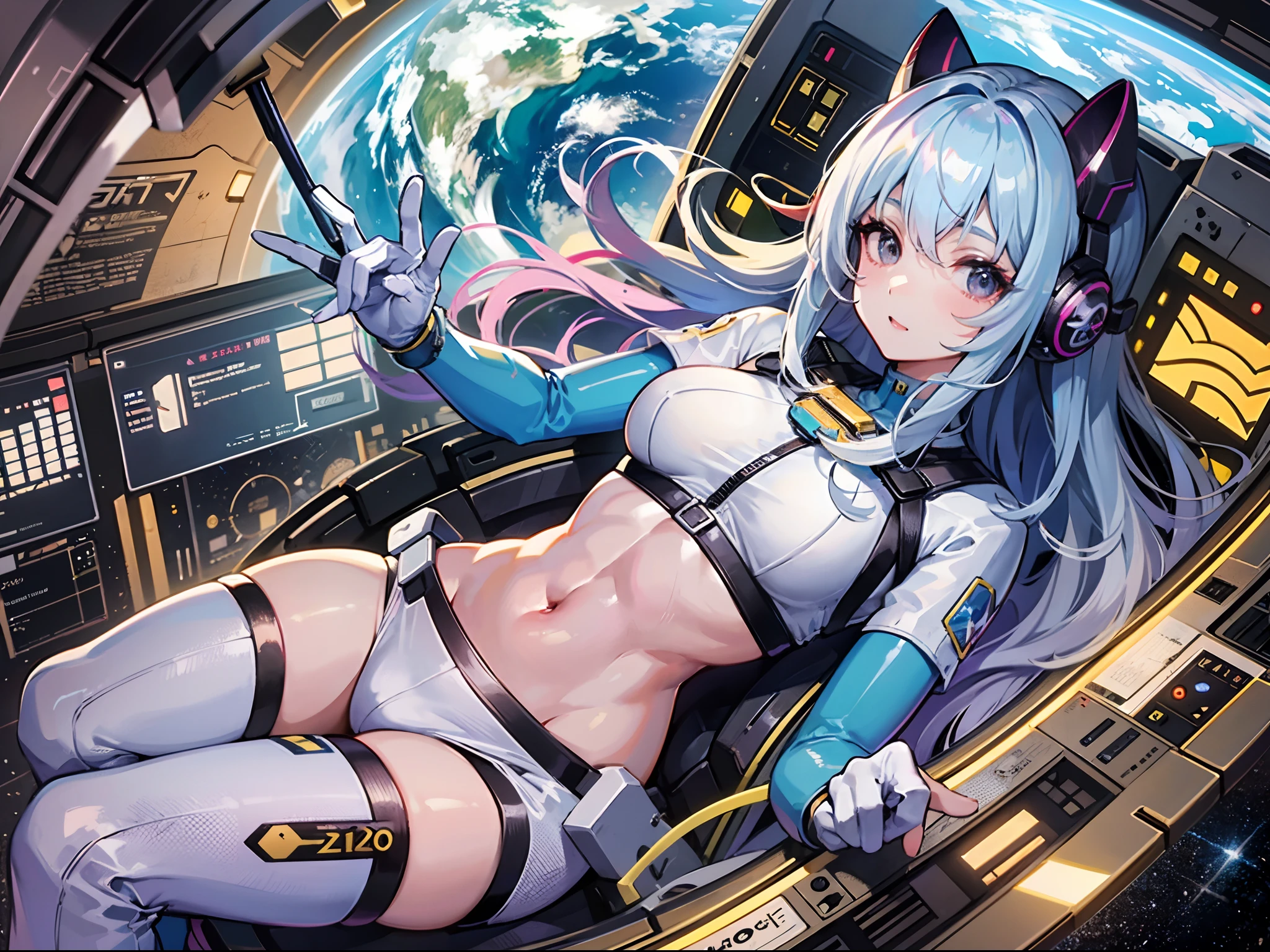 ((masterpiece))、((Top image quality))、((Top image quality))、(Illustration of one girl)、full bodyesbian、((a beauty girl))、(neuter)、((Light blue long hair))、shairband、Black eyes、((Brown-skinned))、(toned body)、abdominals、((White pilot suit))、((Inside the spaceship))、(Outside the window、kosmos、Earth seen from space、Spaceport)
