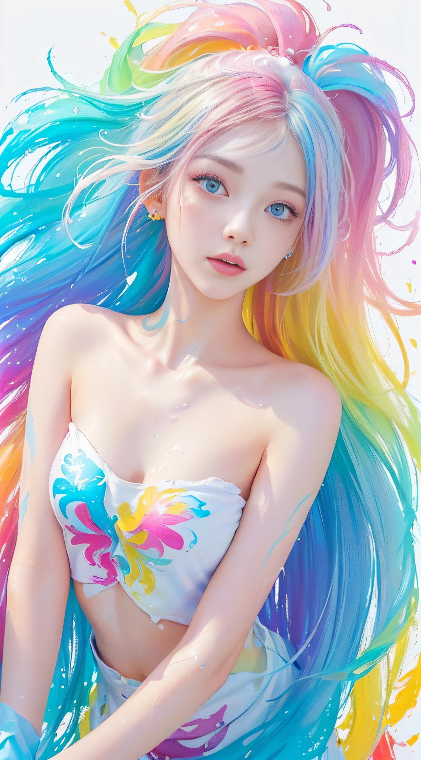 (Pink fashion T-shirt:1.9),(Colorful hair:1.8),(Rainbow all colors:1.8),((((Vertical painting:1.6))),(painting of a:1.6),frontage,comic strip,illustration,painting of a,largeeyes,crystal-clear,(rainbow color gradient high ponytail:1.7),Delicatemakeup,Keep one's mouth shut,(Small Fresh:1.5),(Bandeau:1.6),long eyelasher,White shoulder T- shirt, White Shoulder Shirt,looking at viewert,watery big eyes,medium-sized boobs,cleavage,(rainbow colour hair:1.6), colored splashing, (Solo:1.8), colored splashing, Color explosion, Color splattering, Color explosion, Thick lacquer style,Messy lines,((Shining)) ,(Colorful), (Colorful), (Colorful), Colorful, Thick Paint Style, (Splash) (colored splashing), Vertical painting, Upper body, paint splatter, Acrylic Pigment, Gradient, Paint, Highest image quality, Highest image quality, Masterpiece, Solo, Depth of field, facepaint, Colorful clothes, (ellegance: 1.2), opulent, long whitr hair, ventania, (ellegance: 1.3), (petals: 1.4),(((Masterpiece))),(((Best quality at best))),((ultra - detailed)),(illustratio),(dynamic angle),((floatking)),(Paintwork),((Loose hair)),(Solo),(1girll) , (( (Detailed anima face))),((Beautiful detailed face)),collars,exposed bare shoulders,whaite hair,((The color hair)),((Striped hair)),Beautiful detailed eyes,(Gradient color eyes),(( (Colored eyes))),(((coloured background))),(((high saturated))),(((Surrounded by colorful splashes))),