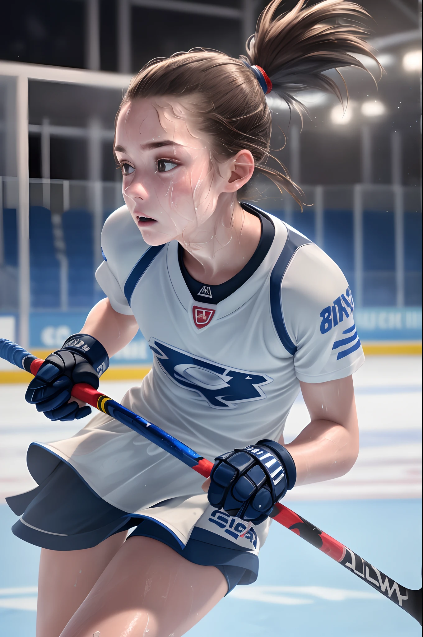 1girl in, (8K, Raw photo, Best Quality:1.2), (Realistic, Photorealsitic:1.37), Solo,Ultra-detailed,Ice hockey player, girl, (Detailed beautiful face)small head,Cute face, (Detailed realistic skin),shiny skins ,Wet skin,Sweat, Sporty,At the ice hockey competition venue