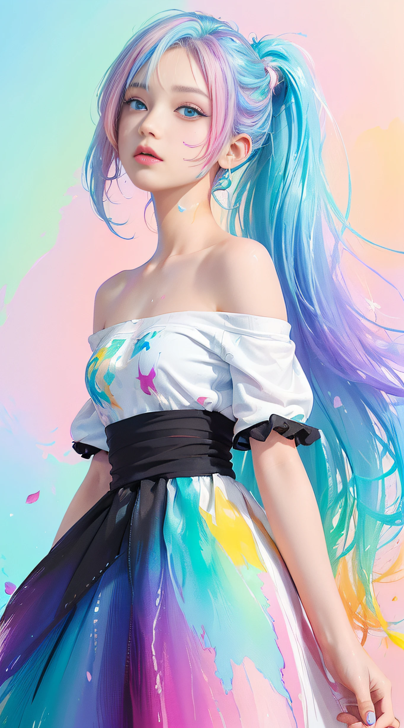 (Pink Fashion T-shirt:1.9),(Colorful hair: 1.8), (all the colours of the rainbow: 1.8),(((((vertical painting:1.6))), (painting:1.6),front, comics, illustrations, paintings, large eyes, crystal clear eyes,( rainbow color gradient high ponytail:1.7), exquisite makeup, closed mouth,(Small Fresh: 1.5),(Wipe Chest: 1.6) ,long eyelashes, white off shoulder T-shirt, White Shoulder Shirt,looking at the audience, large watery eyes, (rainbow colored hair:1.6), color splash, (solo:1.8), color splash, color explosion, thick paint style, messy lines, ((shining)),(colorful), (colorful), (colorful), colorful, Thick Paint Style, (Splash) (Color Splash), Vertical Painting, Upper Body, Paint Splash, Acrylic Pigment, Gradient, Paint, Highest Image Quality, Highest Quality, Masterpiece, Solo, Depth of Field, Face Paint, colorful clothes, (Elegant: 1.2), gorgeous,long hair, wind, (Elegant: 1.3), (Petals: 1.4),(((masterpiece))),(((best quality))),((ultra-detailed)),(illustration),(dynamic angle),((floating)),(paint),((disheveled hair)),(solo),(1girl) , (((detailed anima face))),((beautiful detailed face)),collar,bare shoulders,white hair, ((colorful hair)),((streaked hair)),beautiful detailed eyes,(Gradient color eyes),(((colorful eyes))),(((colorful background))),(((high saturation))),(((surrounded by colorful splashes))),