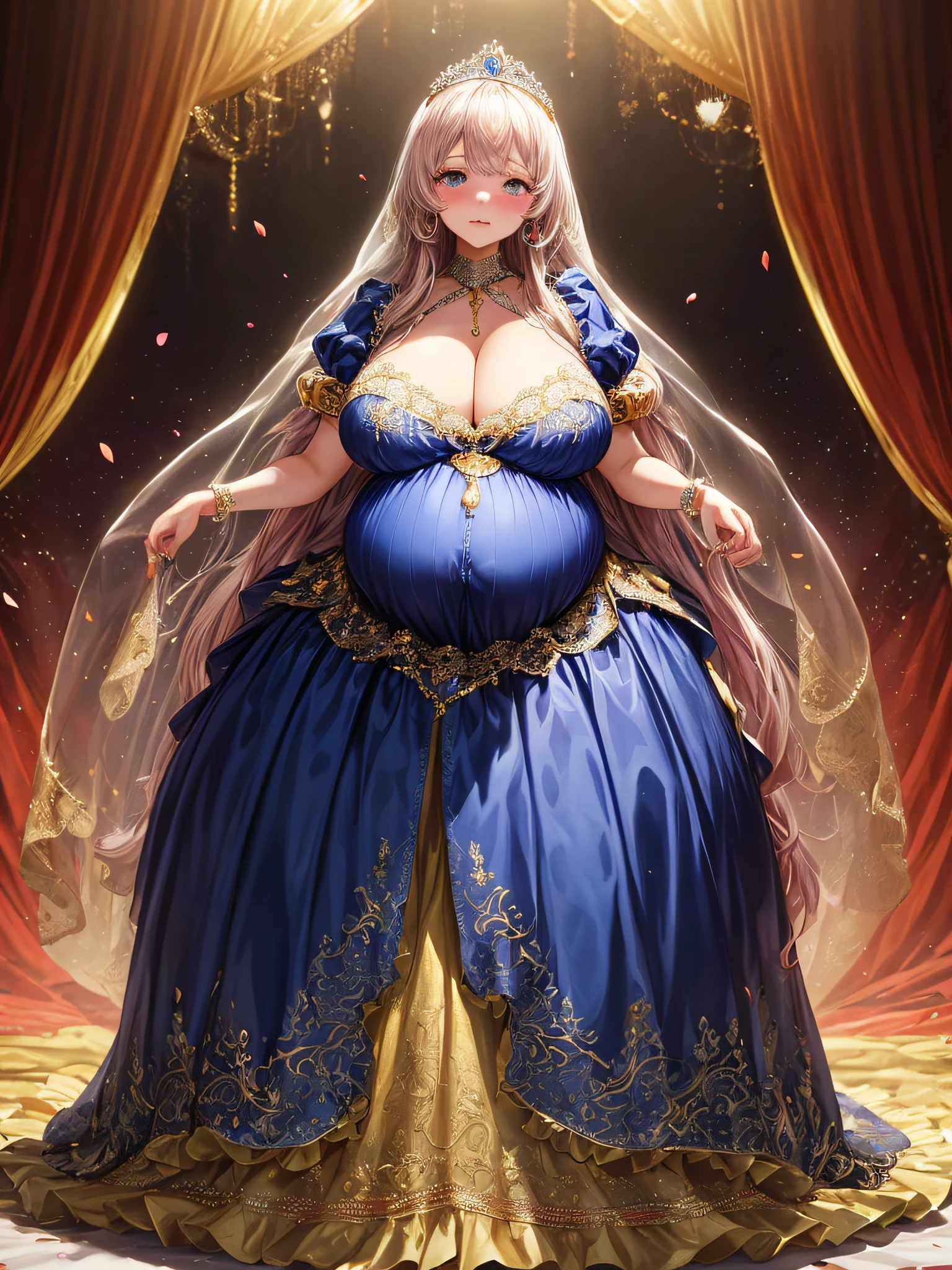 (masterpiece, best quality,extremely detailed:1.1),(moe anime art style:1.3),1girl,((full body,focus face)),((solo)), cute, kawaii,digital art,((1 bling-bling pregnant princess wearing beautiful embroidery and jeweled gorgeous rococo ballgown with jeweled voluminous full length hoop skirt)),(((heavily pregnant))),very big pregnant belly,((crinoline)),long train,voluminous frills,See-through,(gorgeous embroidery and beautiful lace),((very gigantic boobs,skindentation)),cleavage,shiny hair,(((very long hair,very long straight hair))),((embarrassed)),anguish,((finely detailed face and eyes)),clear pupil,extremely gorgeousfull hair ornament,(bling-bling jeweled extremely gorgeousfull tiara),(bling-bling gorgeous gemstone jewelry),long veil,(beautiful background),fantasy background,flowers,flower petals flowing,full body,((beautiful embroidery and jeweled ruffled gorgeous rococo ballgown with voluminous full length hoop skirt))