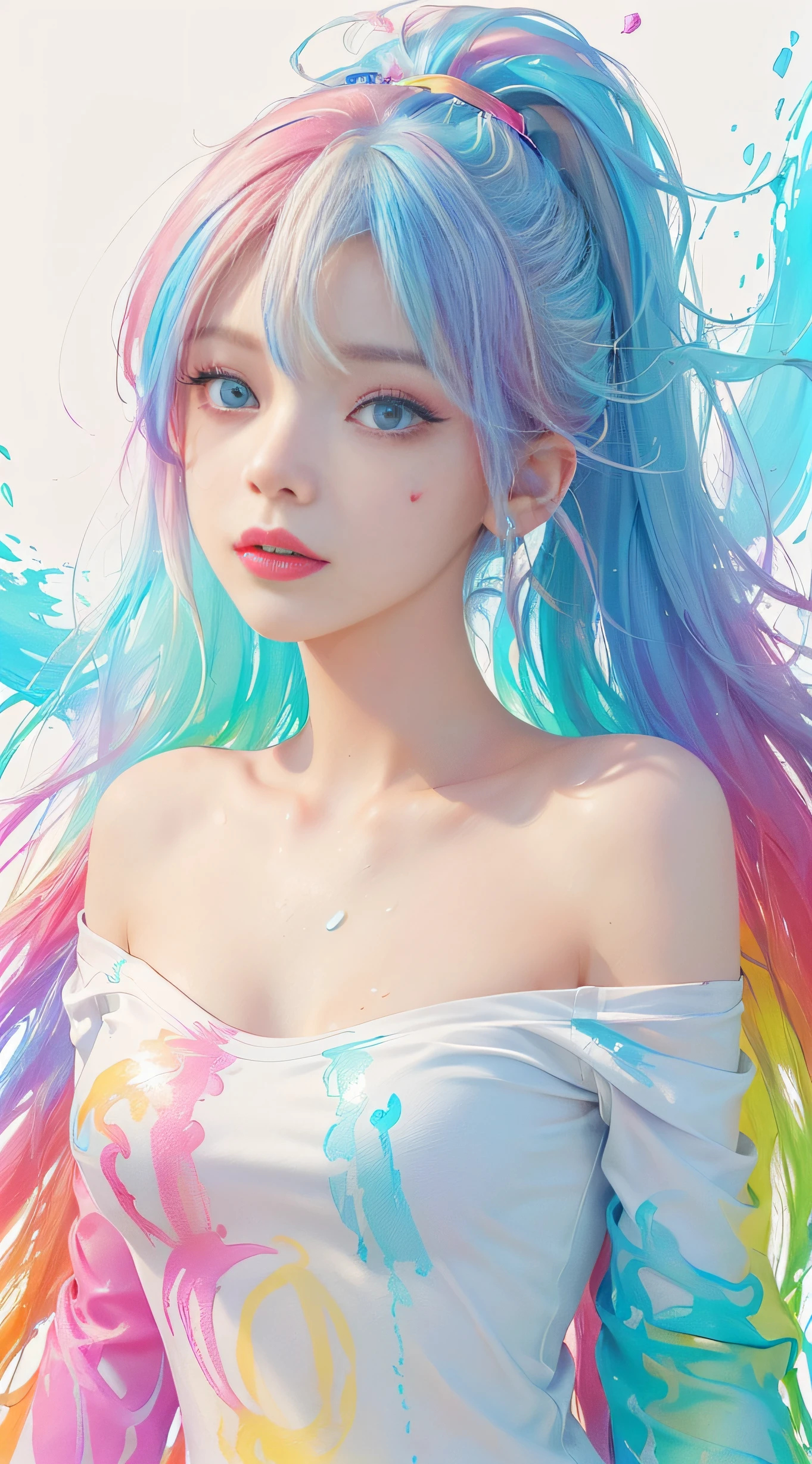 (Pink Fashion T-shirt:1.9),(Colorful hair: 1.8), (all the colours of the rainbow: 1.8),(((((vertical painting:1.6))), (painting:1.6),front, comics, illustrations, paintings, large eyes, crystal clear eyes,( rainbow color gradient high ponytail:1.7), exquisite makeup, closed mouth,(Small Fresh: 1.5),(Wipe Chest: 1.6) ,long eyelashes, white off shoulder T-shirt, White Shoulder Shirt,looking at the audience, large watery eyes, (rainbow colored hair:1.6), color splash, (solo:1.8), color splash, color explosion, thick paint style, messy lines, ((shining)),(colorful), (colorful), (colorful), colorful, Thick Paint Style, (Splash) (Color Splash), Vertical Painting, Upper Body, Paint Splash, Acrylic Pigment, Gradient, Paint, Highest Image Quality, Highest Quality, Masterpiece, Solo, Depth of Field, Face Paint, colorful clothes, (Elegant: 1.2), gorgeous,long hair, wind, (Elegant: 1.3), (Petals: 1.4),(((masterpiece))),(((best quality))),((ultra-detailed)),(illustration),(dynamic angle),((floating)),(paint),((disheveled hair)),(solo),(1girl) , (((detailed anima face))),((beautiful detailed face)),collar,bare shoulders,white hair, ((colorful hair)),((streaked hair)),beautiful detailed eyes,(Gradient color eyes),(((colorful eyes))),(((colorful background))),(((high saturation))),(((surrounded by colorful splashes))),