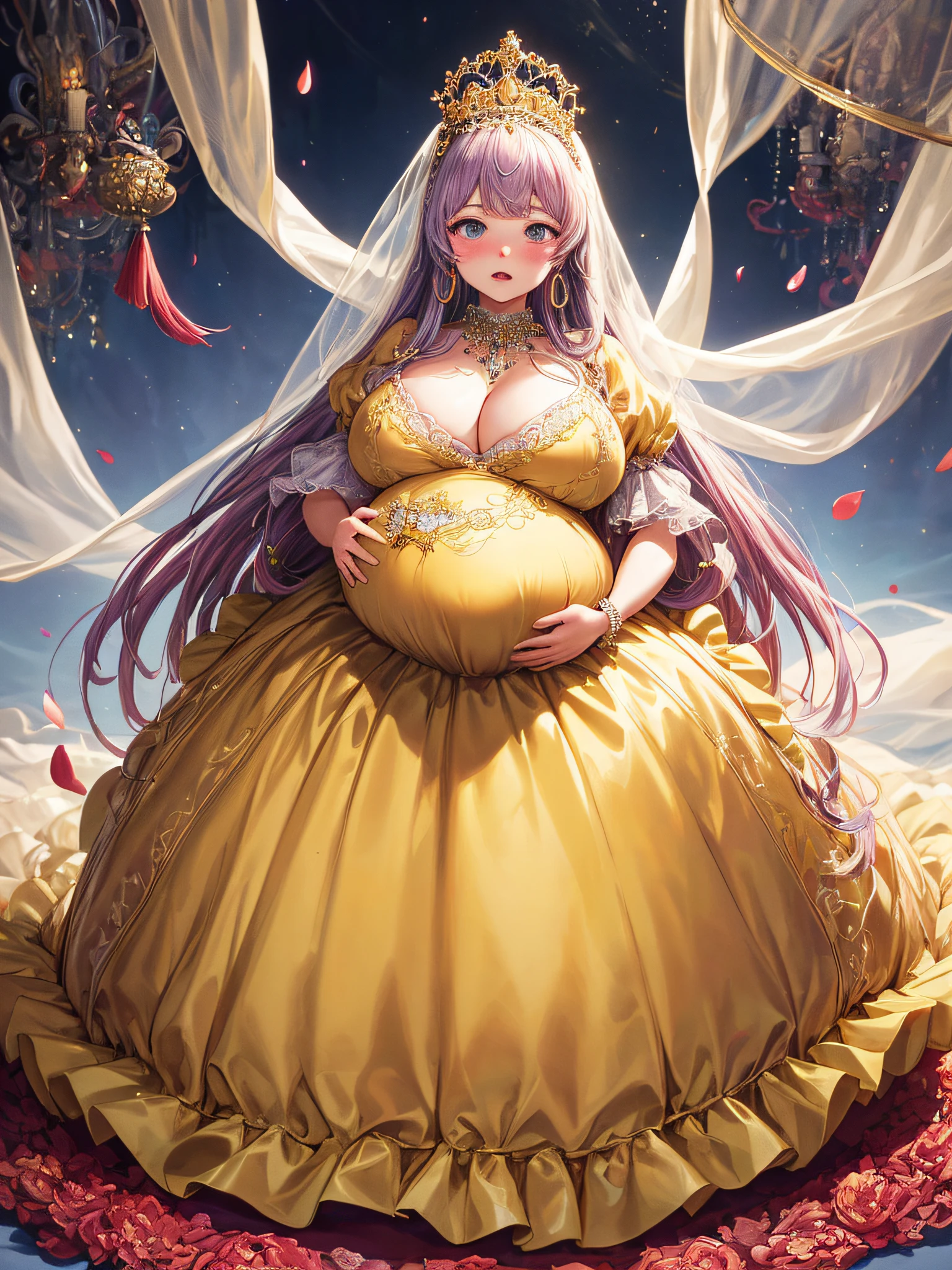 (masterpiece, best quality,extremely detailed:1.1),(moe anime art style:1.3),1girl,((full body,focus face)),((solo)), cute, kawaii,digital art,((1 bling-bling pregnant princess wearing beautiful embroidery and jeweled gorgeous rococo ballgown with jeweled voluminous full length hoop skirt)),(((heavily pregnant))),very big pregnant belly,((crinoline)),long train,voluminous frills,See-through,(gorgeous embroidery and beautiful lace),((very gigantic boobs,skindentation)),cleavage,shiny hair,(((very long hair,very long straight hair))),((embarrassed)),anguish,((finely detailed face and eyes)),clear pupil,extremely gorgeousfull hair ornament,(bling-bling jeweled extremely gorgeousfull tiara),(bling-bling gorgeous gemstone jewelry),long veil,(beautiful background),fantasy background,flowers,flower petals flowing,full body,((beautiful embroidery and jeweled ruffled gorgeous rococo ballgown with voluminous full length hoop skirt))