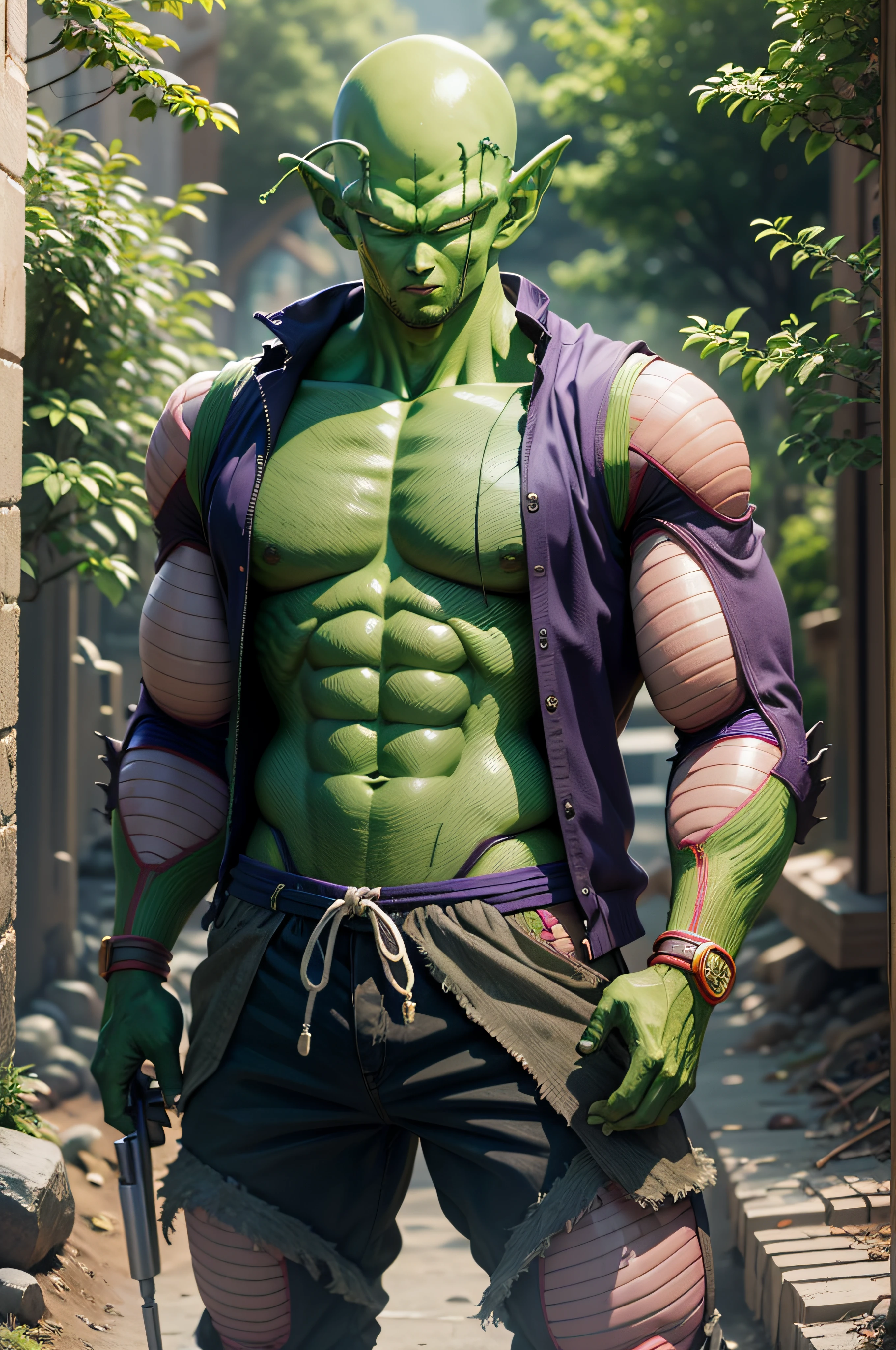 masterpiece, best quality, realistic, photorealistic, 8k,piccolo, 1boy, male focus, solo, standing, pointy ears,(purple dougi), green skin, oni horns, purple pants, closed mouth, looking at viewer, ((bald)),arms at sides,pink patches,black eyes, blue sash, rocks, grassfield, photo-realistic, octane render, unreal engine, ultra-realistic