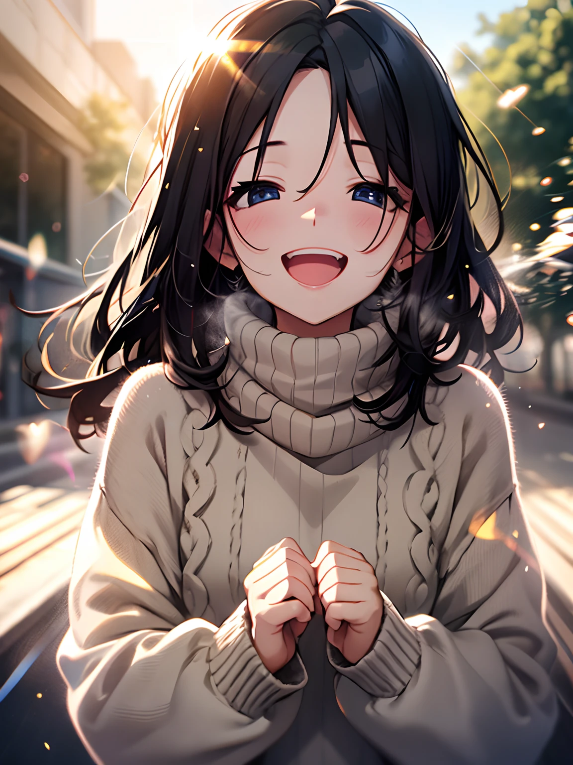 girl with, Black hair, cosy sweater on, Upper body, (great laughter:1.1), (Open mouth:1.1), (Wide open eyes:1.2), Sun glare, Bokeh, depth of fields, Blurry background, light Particle, strong breeze, (Heart particles:1.1), 4K in the morning、hi