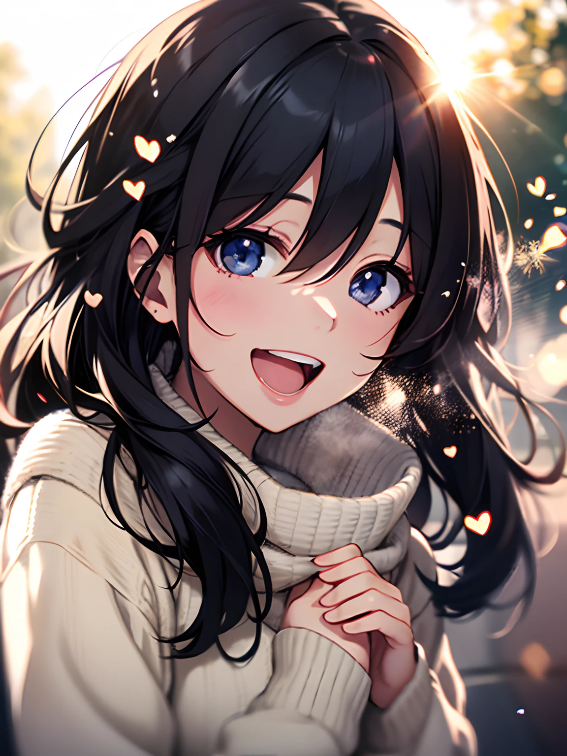girl with, Black hair, cosy sweater on, Upper body, (great laughter:1.1), (Open mouth:1.1), (Wide open eyes:1.2), Sun glare, Bokeh, depth of fields, Blurry background, light Particle, strong breeze, (Heart particles:1.1), 4K in the morning、hi