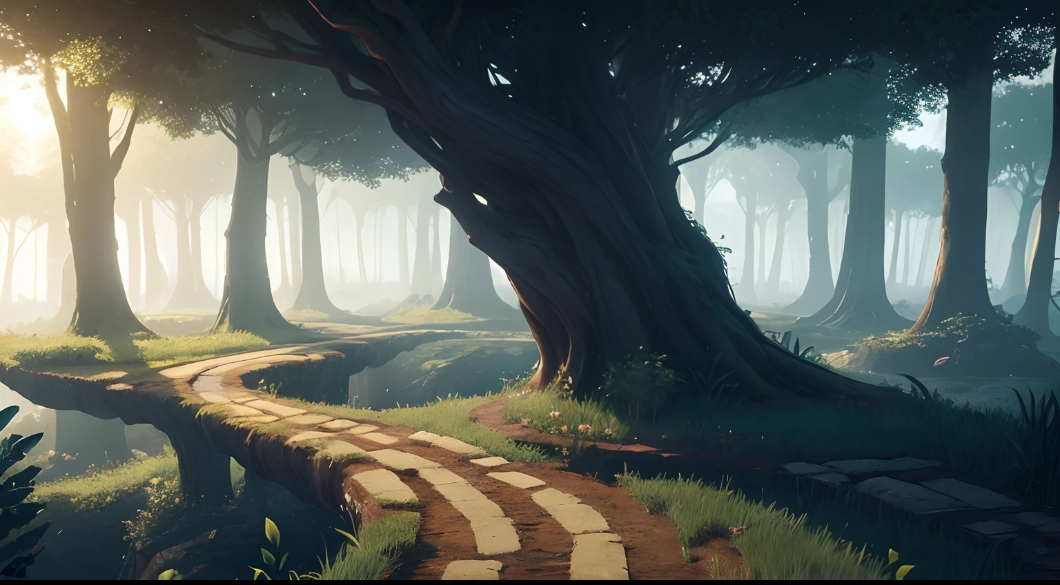 There is a horizontal platform of a mystical forest in a concept art for a 2D game, arte conceitual, paisagem horizonal, jogo de plataforma 2d, plataformas :1.2, (obra prima),(melhor qualidade), 8k, luz dinamica, sombras dinamicas, videogame