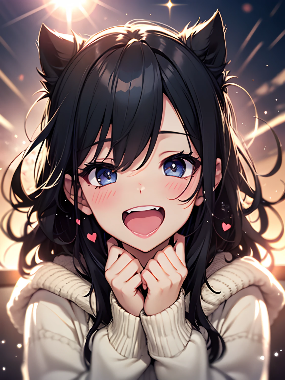 girl with, Black hair, cosy sweater on, Upper body, (great laughter:1.1), (Open mouth:1.1), (Wide open eyes:1.2), Sun glare, Bokeh, depth of fields, Blurry background, light Particle, strong breeze, (Heart particles:1.1), 4K in the morning、hi