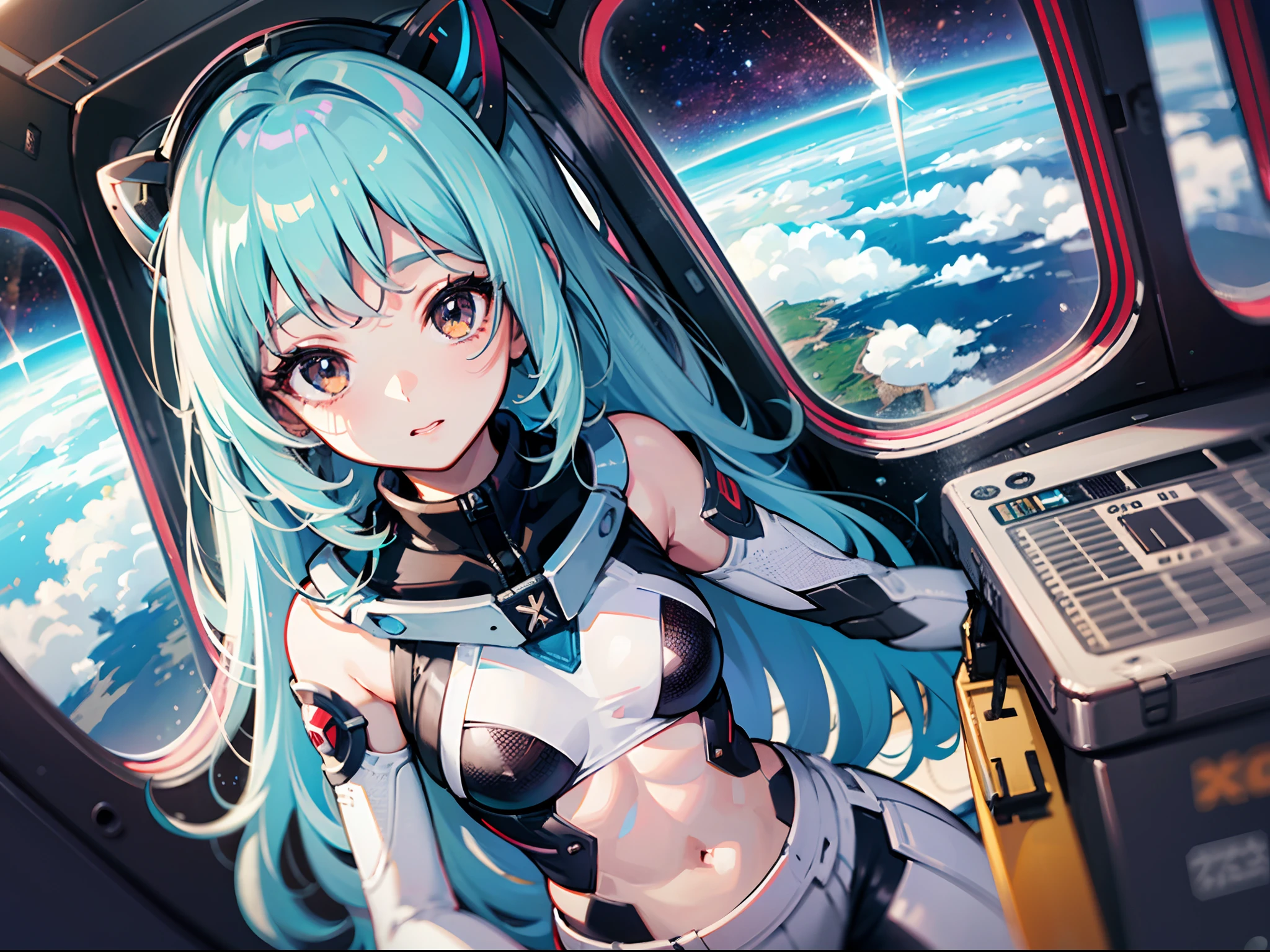 ((masterpiece))、((Top image quality))、((Top image quality))、(Illustration of one girl)、full bodyesbian、((a beauty girl))、(neuter)、((Light blue long hair))、shairband、Black eyes、((Brown-skinned))、(toned body)、abdominals、((White pilot suit))、((Inside the spaceship))、(Outside the window、kosmos、Earth seen from space、Spaceport)