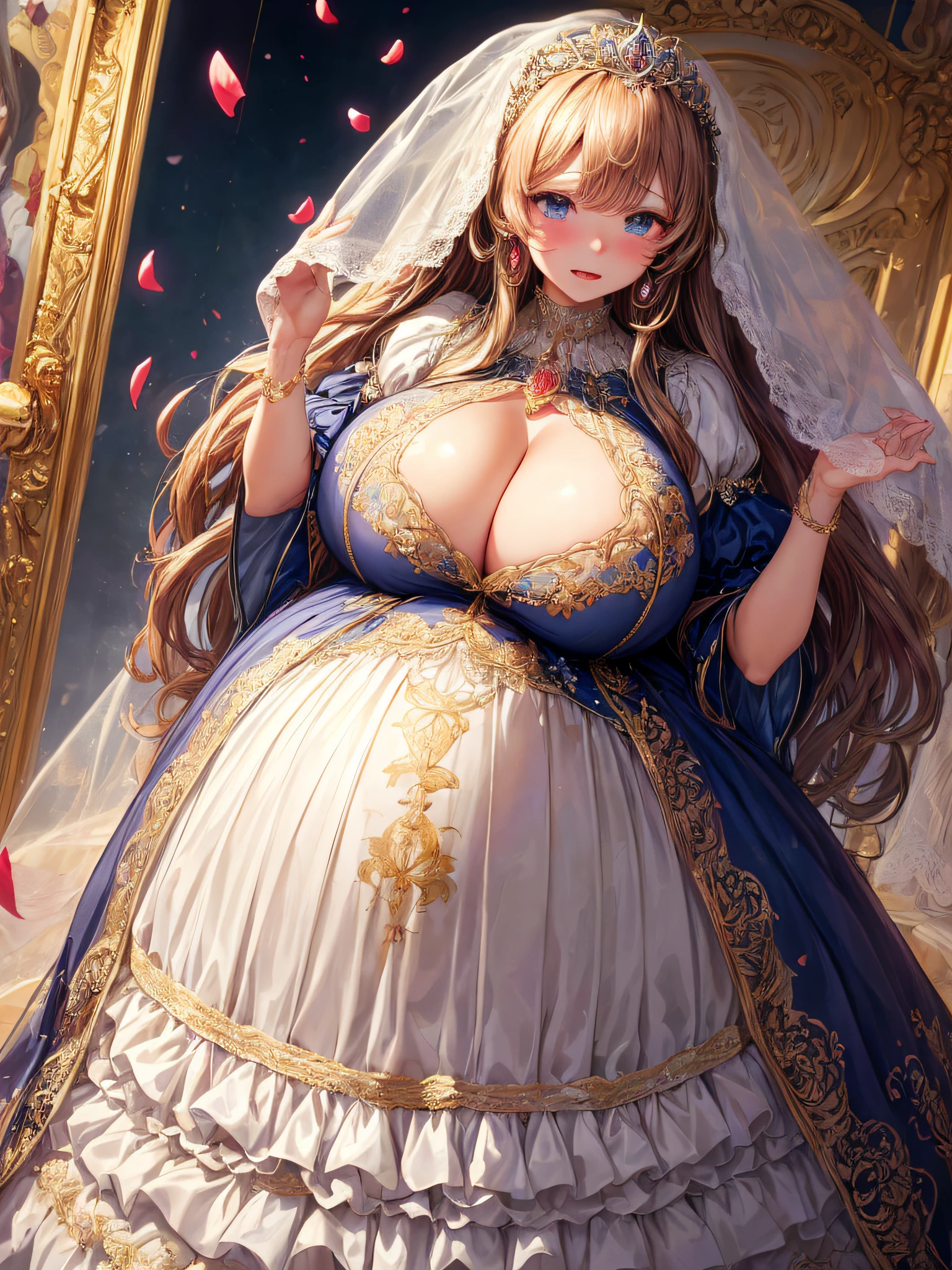 (masterpiece, best quality,extremely detailed:1.1),(moe anime art style:1.3),1girl,((full body,focus face)),((solo)), cute, kawaii,digital art,((1 bling-bling pregnant princess wearing beautiful embroidery and jeweled gorgeous rococo ballgown with jeweled voluminous full length hoop skirt)),(((heavily pregnant))),very big pregnant belly,((crinoline)),long train,voluminous frills,See-through,(gorgeous embroidery and beautiful lace),((very gigantic boobs,skindentation)),cleavage,shiny hair,(((very long hair,very long straight hair))),((embarrassed)),anguish,((finely detailed face and eyes)),clear pupil,extremely gorgeousfull hair ornament,(bling-bling jeweled extremely gorgeousfull tiara),(bling-bling gorgeous gemstone jewelry),long veil,(beautiful background),fantasy background,flowers,flower petals flowing,full body,((beautiful embroidery and jeweled ruffled gorgeous rococo ballgown with voluminous full length hoop skirt))