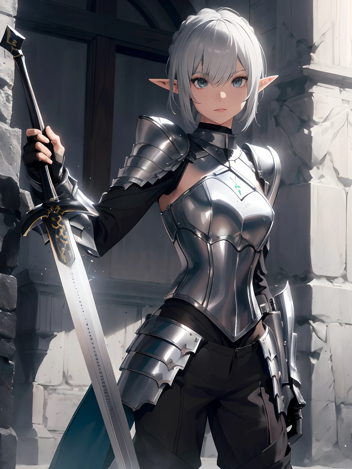 elf woman warrior, light grey skin mutation, short silver hair, "solid colored black eyes mutation", black loose pants, knee high leather boots, in a demonic breastplate armor on torso, with bandolier of dagger across torso, holding a black and silver longsword, fighting pose, full body, fantasy,