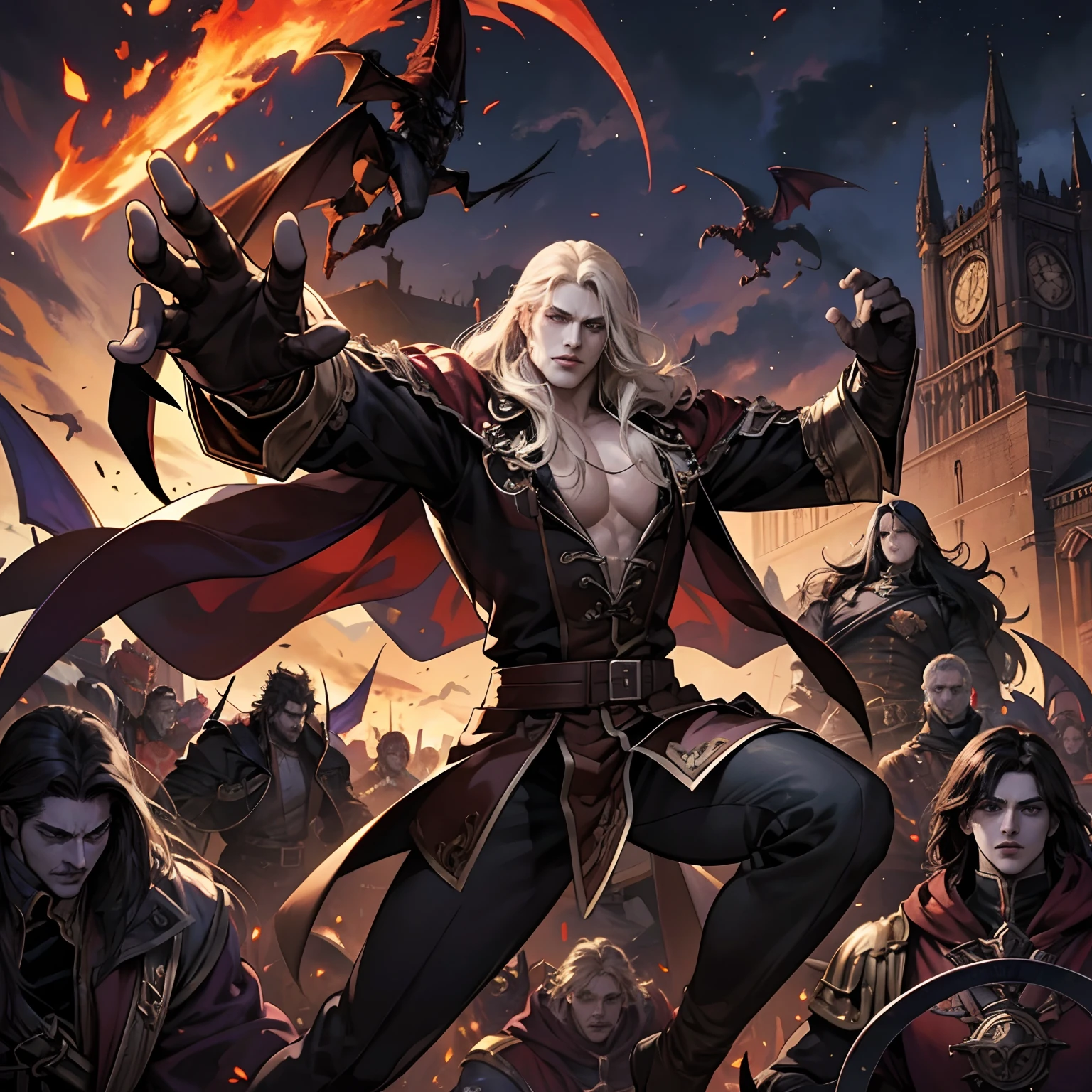 Castlevania Shadow Lord handsome muscular Lord Dracula leading troops armed with demons to war hyper realistic super detailed Dynamic pose super detailed faces hyper realistic super detailed Marvel comics style