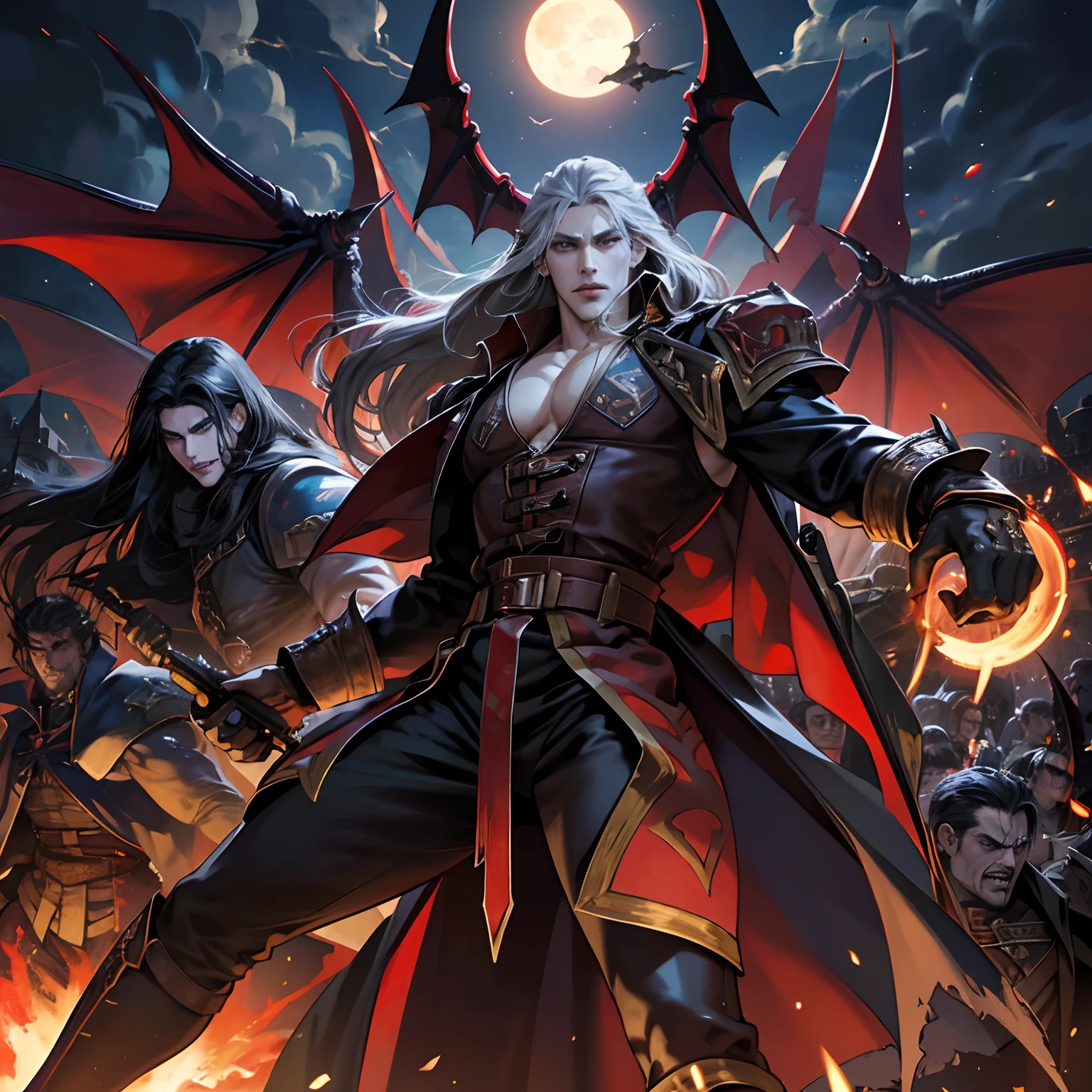 Castlevania Shadow Lord handsome muscular Lord Dracula leading troops armed with demons to war hyper realistic super detailed Dynamic pose super detailed faces hyper realistic super detailed Marvel comics style