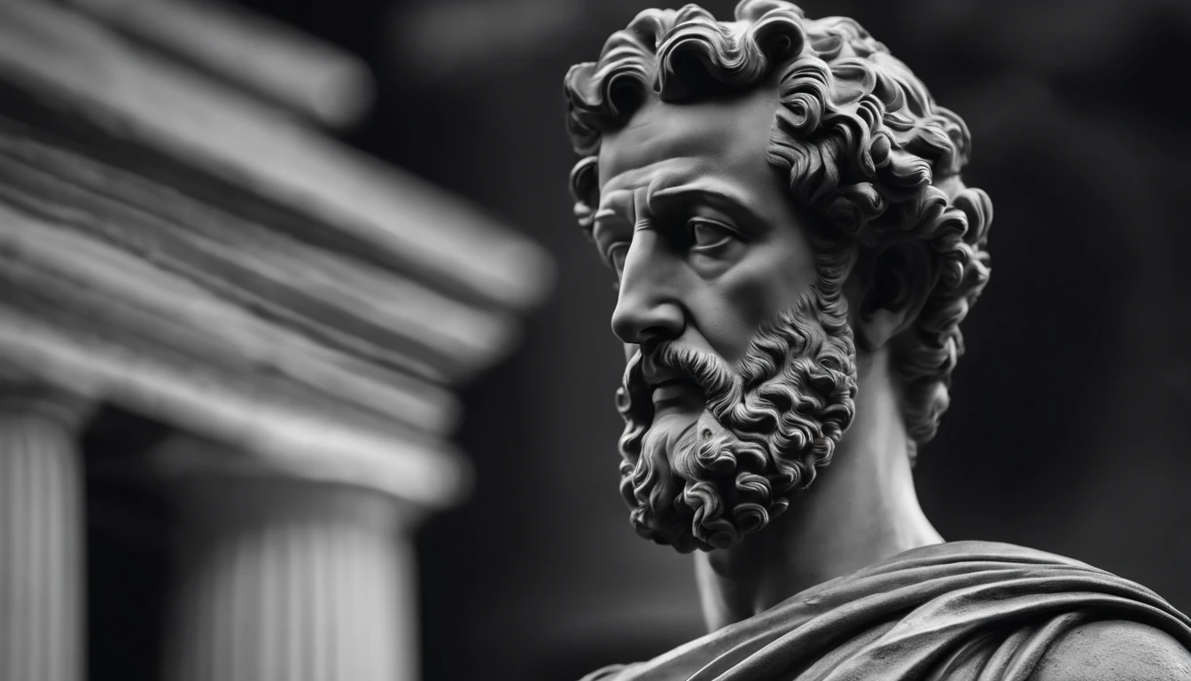 a portrait statue of the stoic Marcus Aurelius in black and white 4K,Face de lado, papel de parede super realista