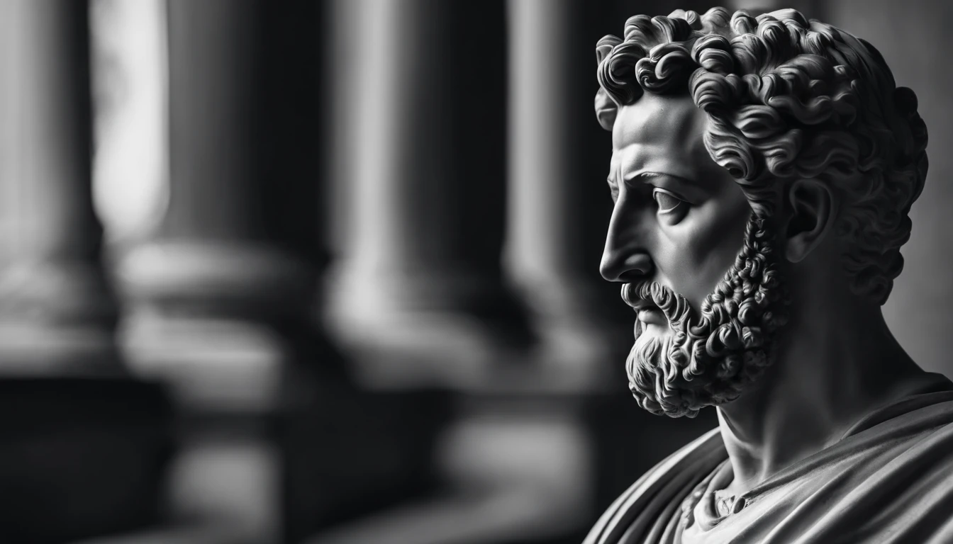 a portrait statue of the stoic Marcus Aurelius in black and white 4K,Face de lado, papel de parede super realista