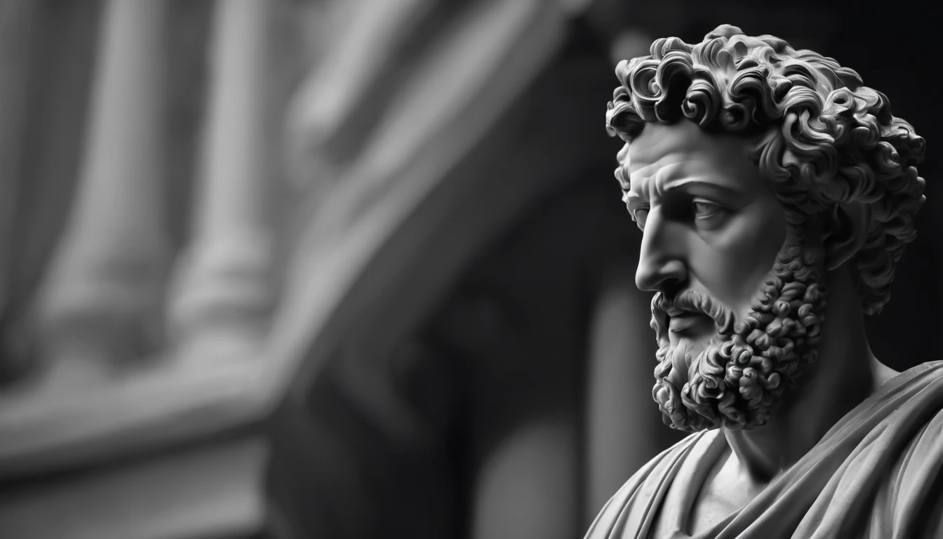 a portrait statue of the stoic Marcus Aurelius in black and white 4K,Face de lado, papel de parede super realista