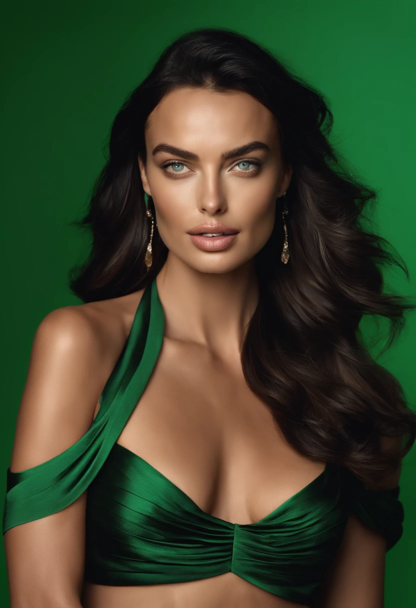 (irina shayk x margot robbie) hot girl with black hair and green eyes, wear black dress, hot looking outfit and pose