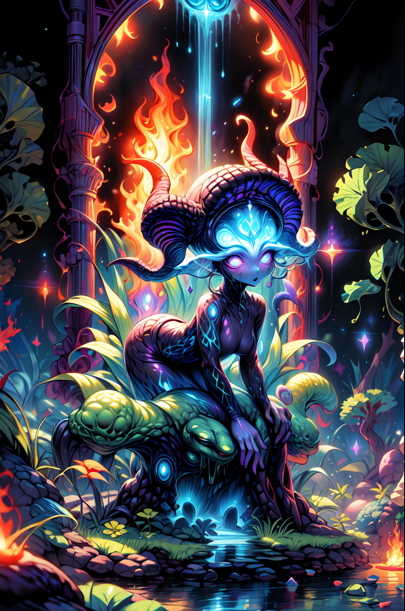 una chica con pelo largo(pelo bioluminiscente)vestido largo parada cerca de un portal, el ambiente es caotico, mucho fuego, rios de lava, infernal, portal fluorescente, del otro lado del portal se ve la forma de cthulhu