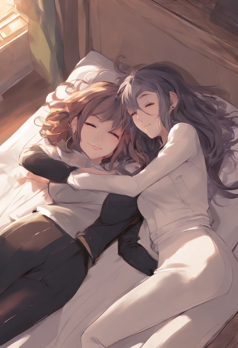 Lesbian couple hugging lying down, felizes, 插圖