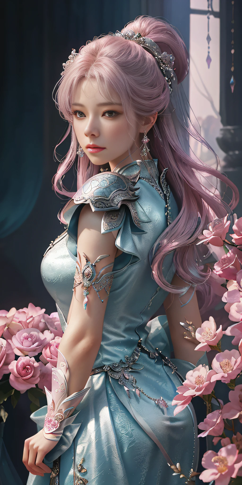 Close-up of woman in silver and pink dress、jewel decorations、Chengwei Pan at Art Station、By Jan J.、detailed fantasy art、Stunning character art、Fan Art Best Art Station、epic exquisite character art、Beautiful armor、extremely detailed art germ、Detailed Digital Anime Art、Art Germ at Art Station pixiv、Armored Lady