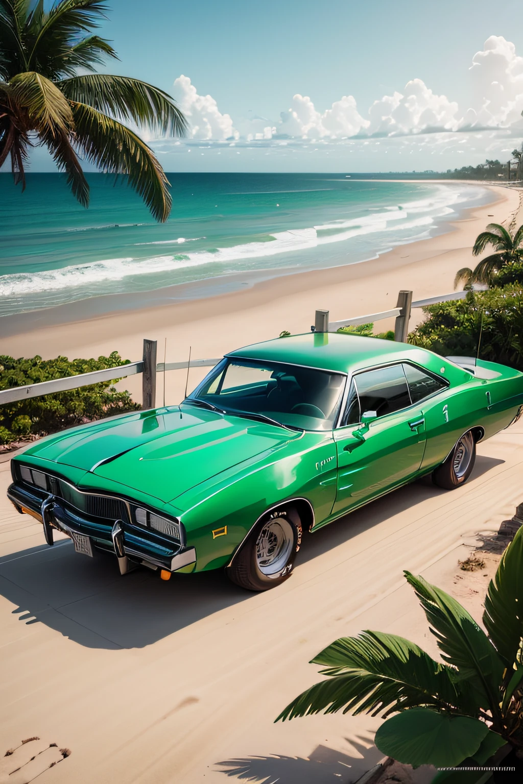 Print an old vector magem poster of a light green car, modelo Dodge Charger R/T ano 1978 , On the edge of a beach in the Caribbean, com palmeiras, Old buildings of Havana, ::n_baixa qualidade