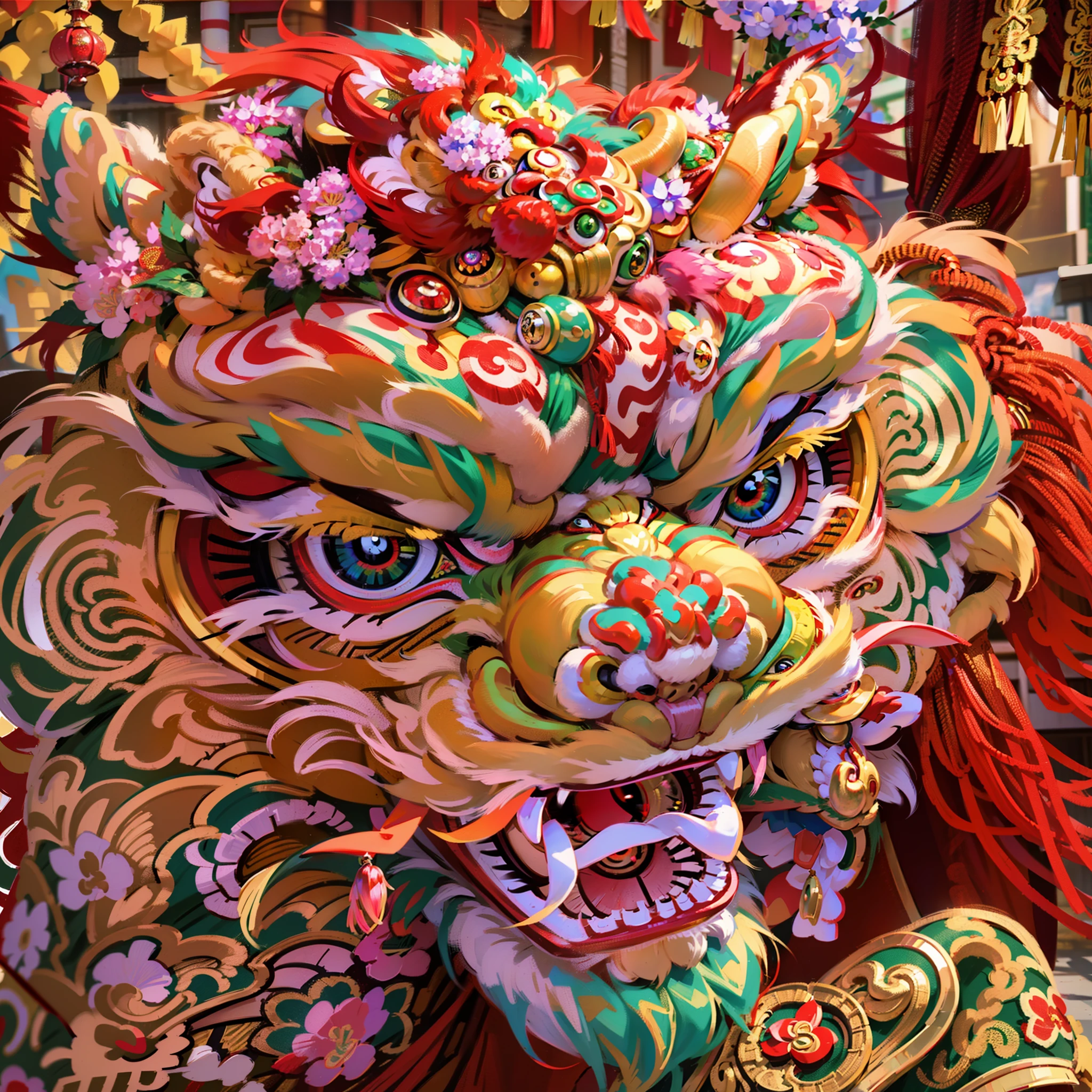 (Best picture quality, 4k,8k, high quality, masterpiece :1.2), super detail, (realistic, realistic, realistic :1.37), in the New Year festival, traditional lion dance performance, (a girl holding red gold thread hydrangea:1.3), a powerful lion dance, constantly blinking eyes and shaking head, girl and lion dance, lion head beautifully made, red jewel eyes, Blue jewel forehead decoration, ornate and luxurious lion head artwork, Chinese elements, traditional cultural background, traditional craftsmanship, exquisite handcrafting, opulent, majestic, sparkling gemstones, lifelike details, bright colors, shiny polished surfaces, decorative pieces, East Asian heritage, cultural heritage, antiques, bronze sculptures, symbols of power and strength, traditional lion dance, Eye-catching center, sophisticated design, authentic presentation, impressive craftsmanship.