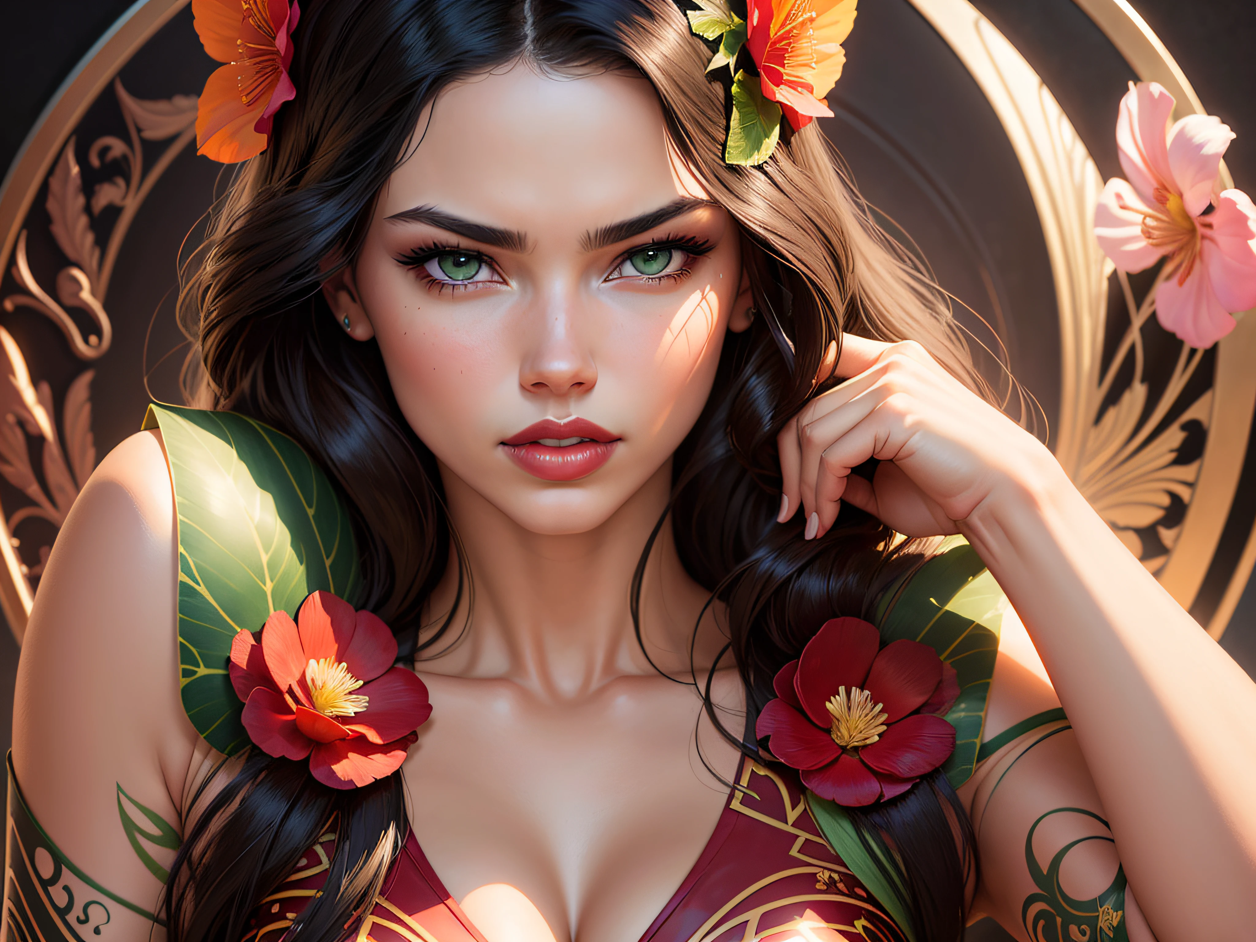 a close up of a woman (Adriana Lima :1.1) red lips, green eyes with a flower in her hair, beauty art nouveau woman, hyperrealistic art nouveau, art nouveau portrait, style ivan talavera and artgerm, artgerm julie bell beeple, martin ansin artwork portrait, artgerm portrait, artgerm mucha, artgerm. anime illustration, art deco portrait