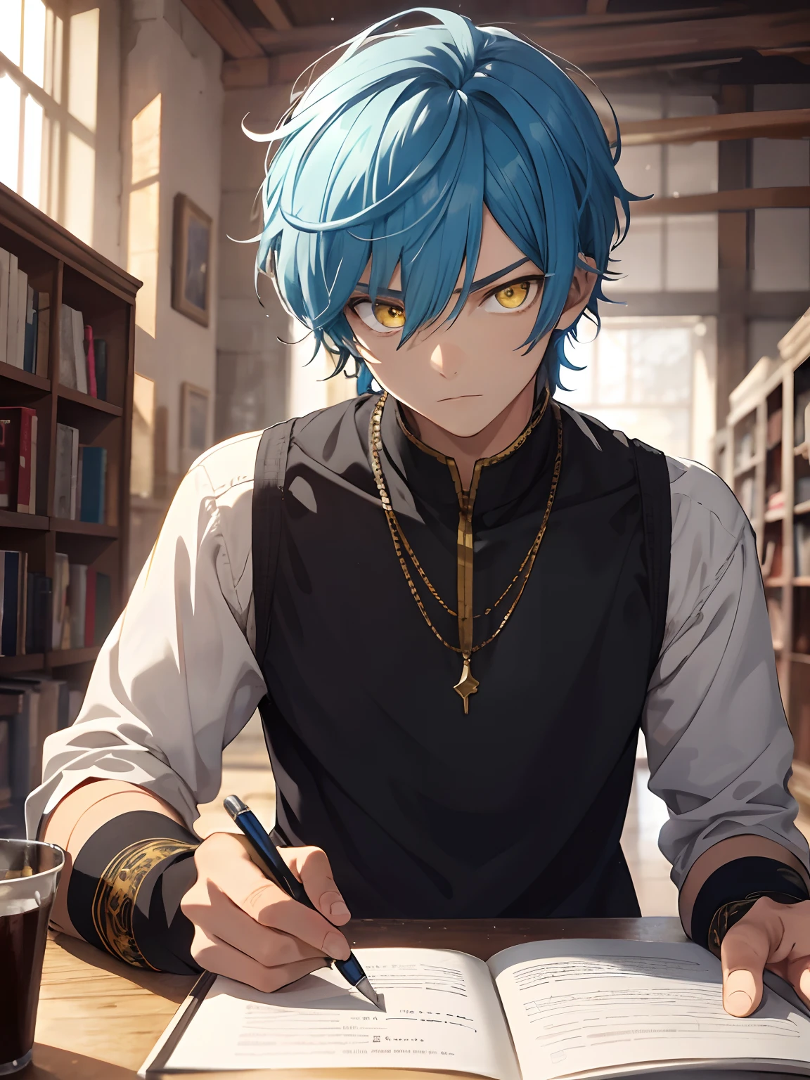 1man, fantasy world, wise, tired expression , handsome, sky blue hair, standing up hair, close up shot, yellow eyes, highest quality digital art, Stunning art, stunning art, wallpaper 4K, 8K, 16K, 32K, absurdres, highly detailed, anime masterpiece, serene expression, anime, best anime character design, looking at viewer, (((A handsome young))), ((age:1.5)), (glow yellow eyes), ((Eyes have light)),upper body only, fractal art, clothing is casual attire, no sleeves garment, holding a pen, {{{writing}}}, {{scrolls in the table}}, bookshelves, {{{{writing on papyrus}}}}, sitting on table,