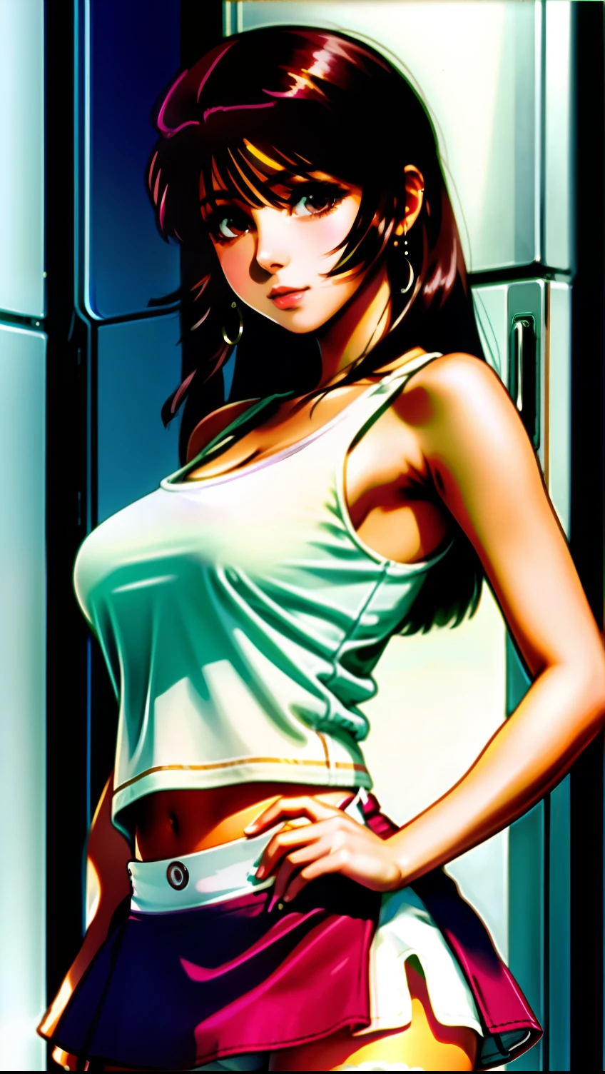 1girl, beautiful detailed eyes, beautiful detailed lips, extremely detailed eyes and face, long eyelashes, soft skin, pale skin, soft blush, red straight hair, tank top, bare shoulders, high-waisted shorts, looking at viewer, plump lips, beautiful red eyes, realistic background, nightclub