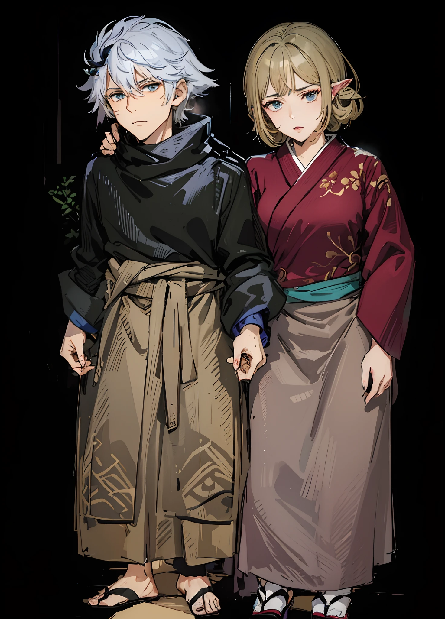 2 elfos, um homem e outro mulher,the woman with a straight expression and the man with a neutral expression, com roupas de kimonos simples