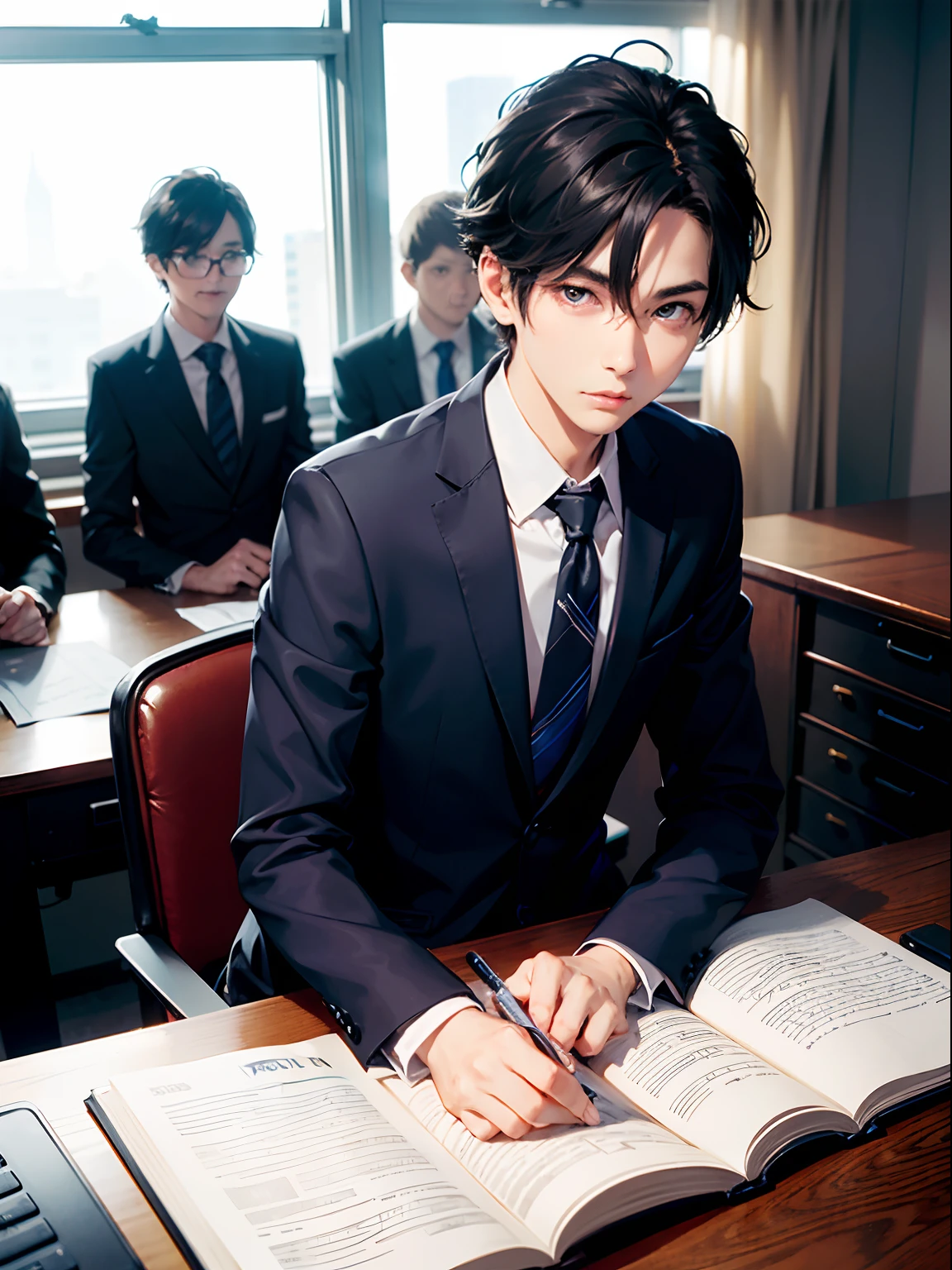 1boy, only、(Man's :2),(bobhair:1.5)、A dark-haired、Dark blue suit、Brightly colored ties、Cluttered office、beautiful  lighting、hightquality、masutepiece,8K,hight resolution、