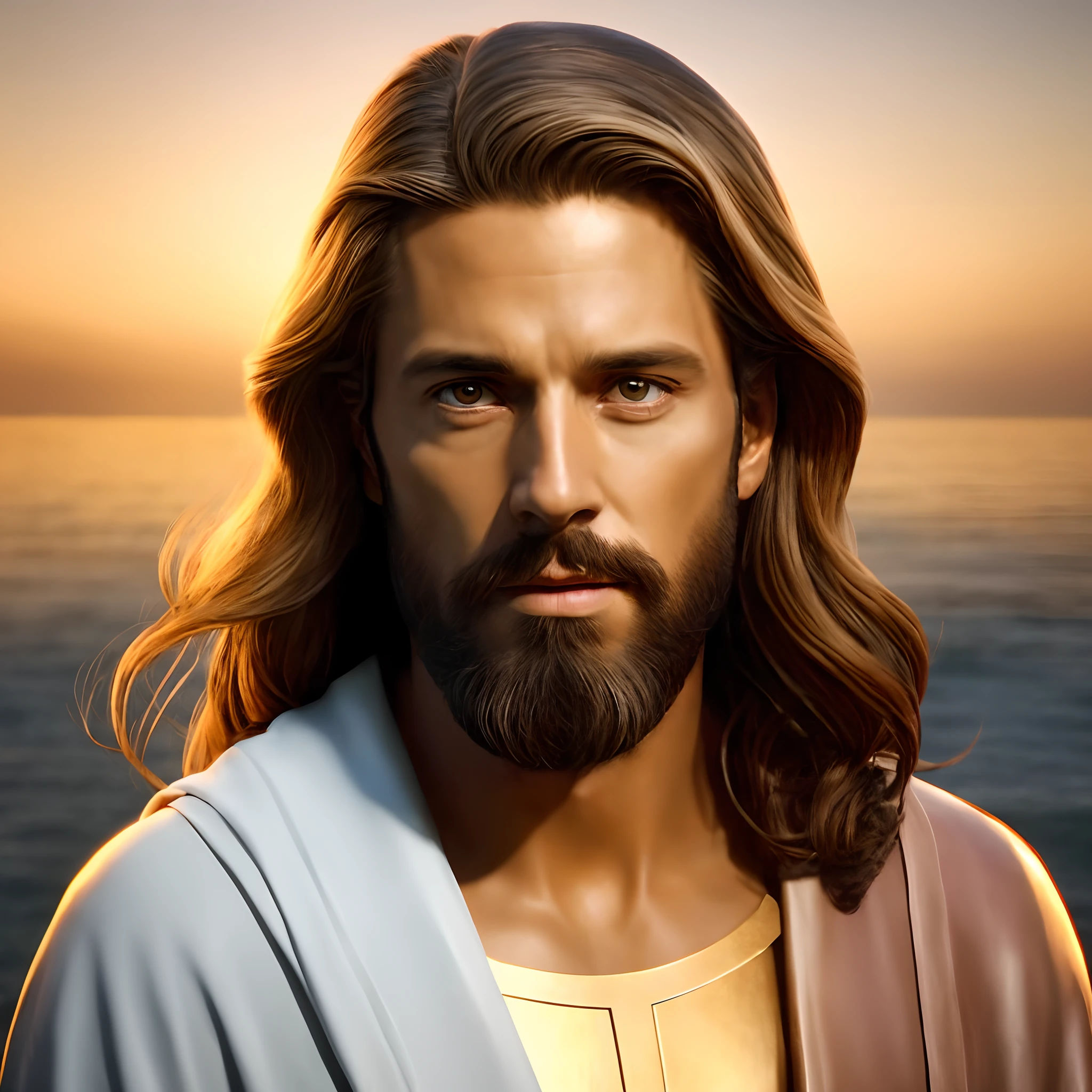 jesus with long hair and beard standing in front of the ocean, portrait of jesus christ, jesus christ, jesus face, jesus, greg olsen, jesus of nazareth, dressed like jesus christ, tron legacy jesus christ, jesus christ in mass effect, handsome stunning realistic, jesus walking on water, the face of god, gigachad jesus, tron legacy jesus