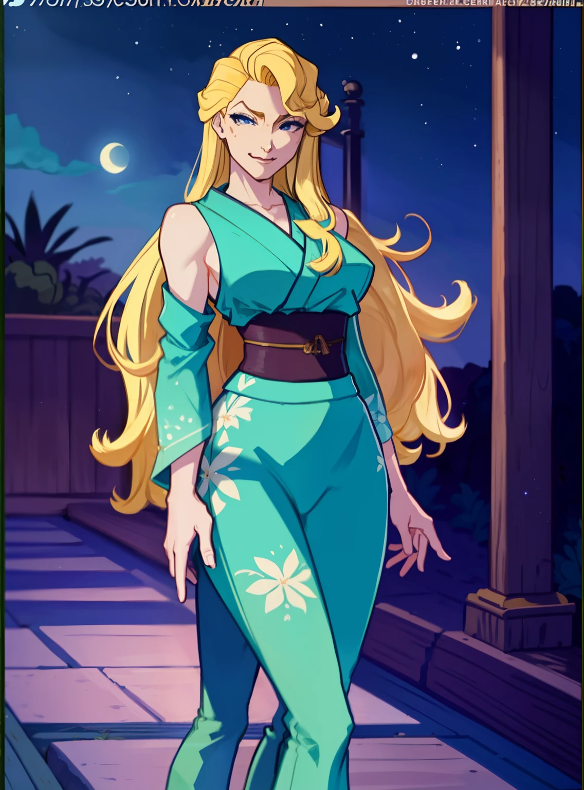 anime screen, night sky, moon, forest, path, helga, solo, blonde hair, large breasts blue japanese clothes, looking at the viewer, blue and white kimono, cowboy shot, wide sleeves, hakama pants, closed mouth, smirk, walk, look around, wide hips, big ass