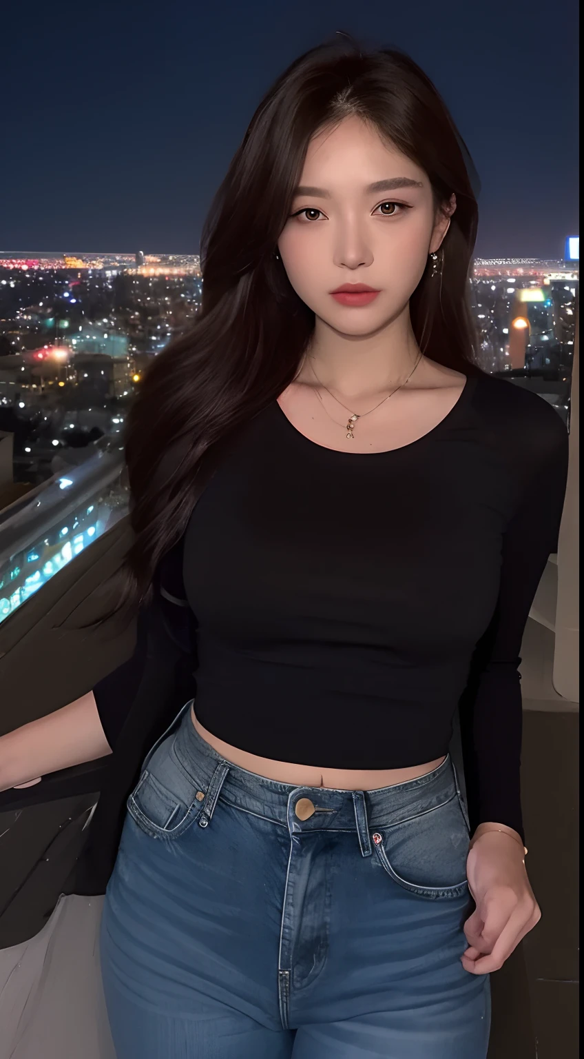 ((mid night、top-quality、8k、masterpiece:1.3)), full bodyesbian, long legged, foco nítido:1.2, Beautiful woman with perfect body shape:1.4, Slender Abs:1.1, ((dark brown hair、huge tit:1.2)), (White tight t-shirt、Tight skinny jeans 、is standing:1.2), ((Night City View、On the rooftop:1.3)), Highly detailed facial and skin texture, A detailed eye, 二重まぶた