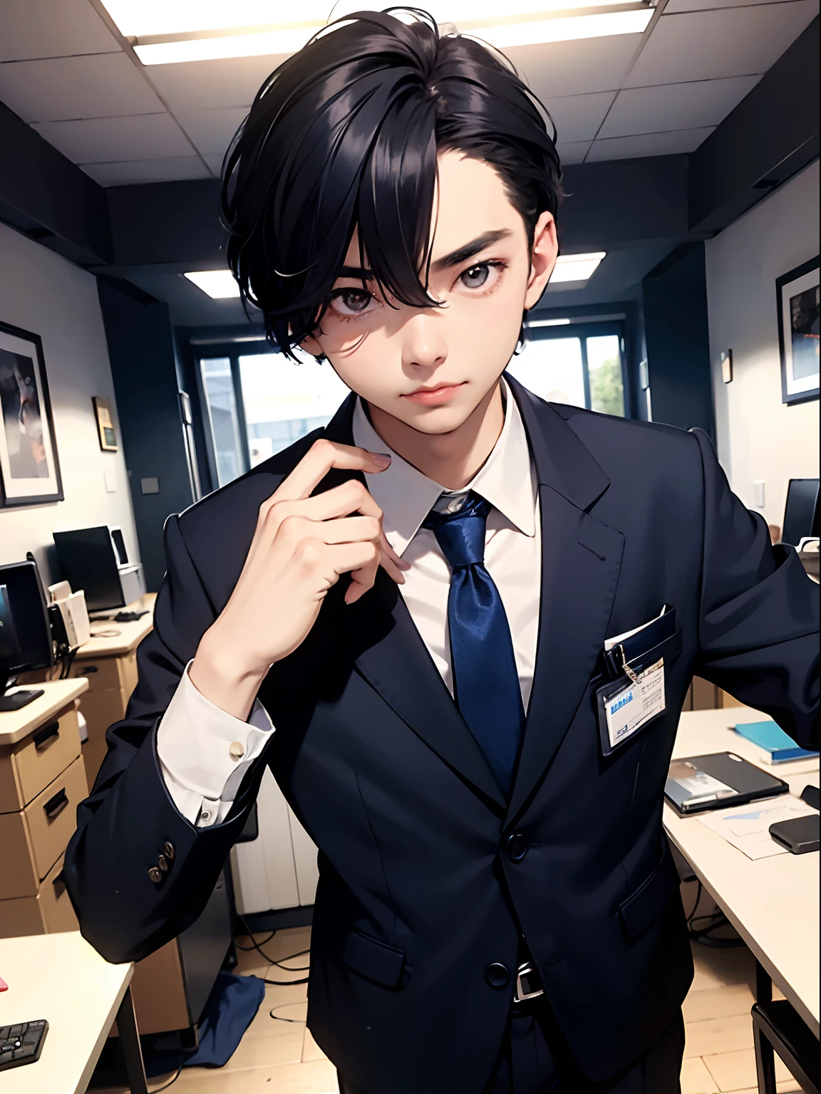 1boy, only、(Man's :2),(bobhair:1.5)、A dark-haired、Dark blue suit、Brightly colored ties、Cluttered office、beautiful lighting、hightquality、masutepiece,8K,hight resolution、