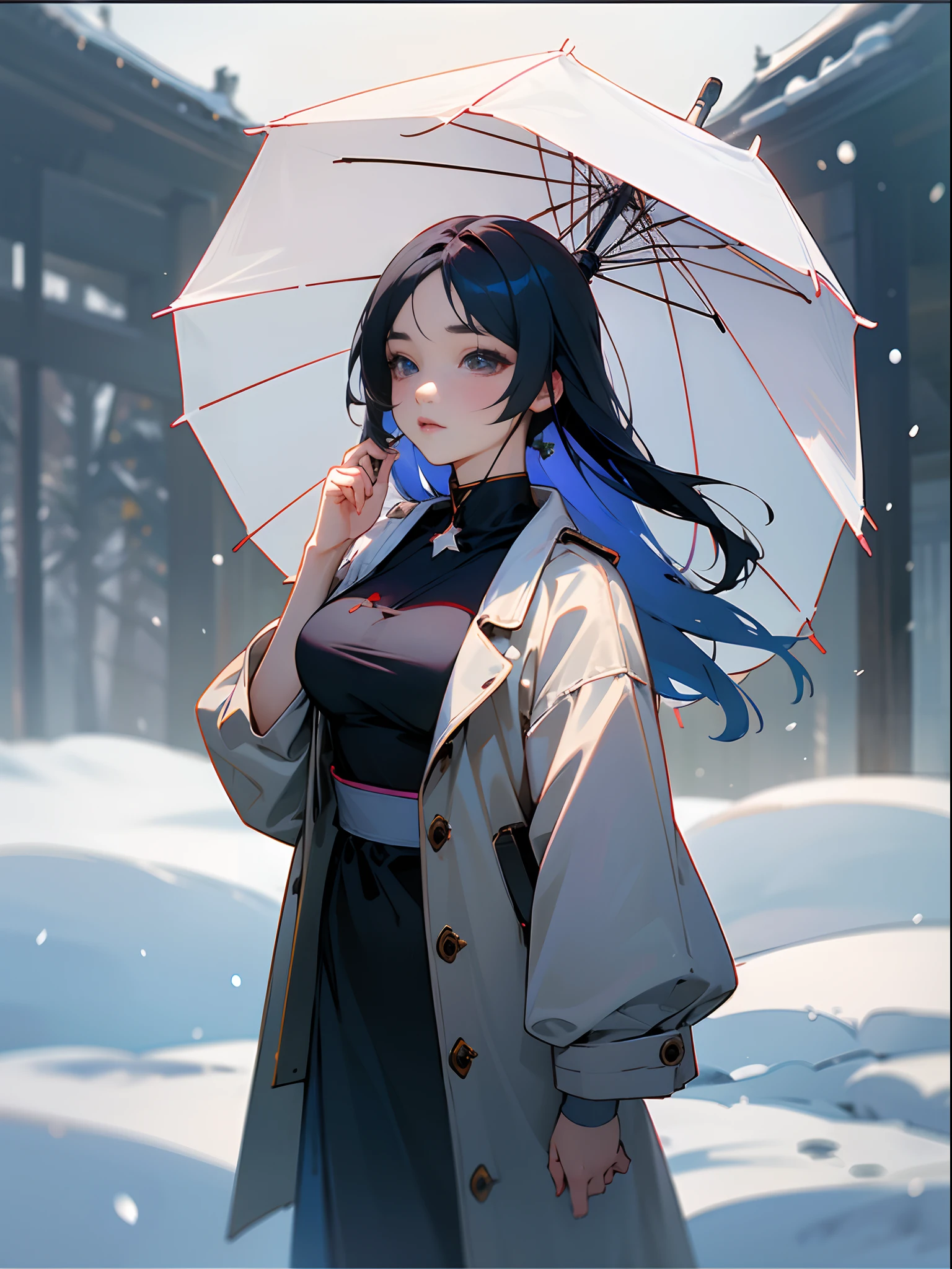 realistic photos of (1 cute Korean star) Shoulder-length hair, thin makeup, medium breasts size, wearing coat, in the snow, clear facial features, 8K high resolution, sharp and realistic details.from outside, Eye-Level Shot, f/4.0, 135mm, Fujifilm, jpeg artifacts, dithering, UHD, masterpiece