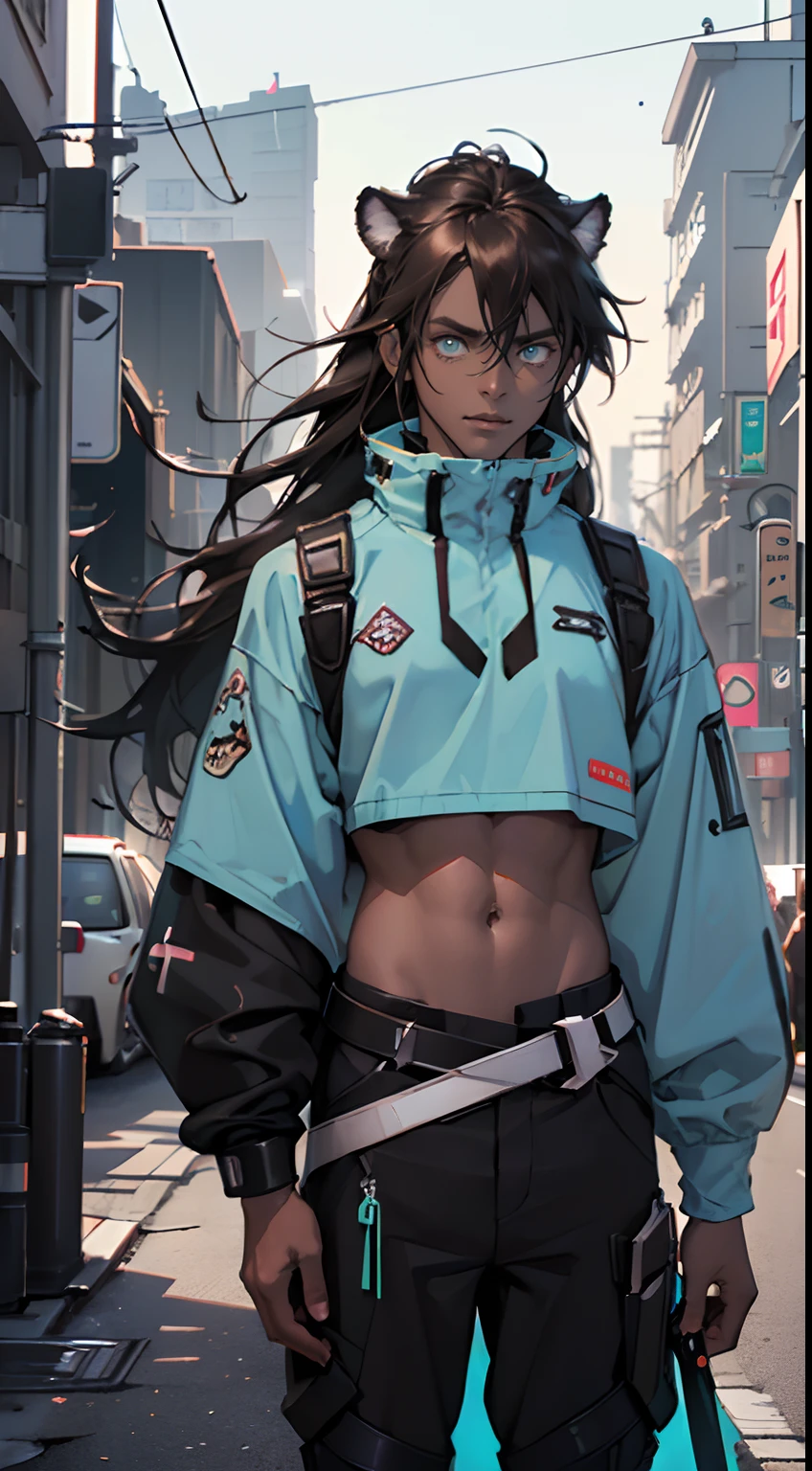 ((Best Quality)), ((Masterpiece)), (Detail: 1.4), 3D, Beautiful Cyberpunk Image, HDR (High Dynamic Range), Ray Tracing, NVIDIA RTX, Super Resolution, Unreal 5, Subsurface Scattering, PBR Texture, Post-Processing, Anisotropic Filtering, Depth of Field, Maximum Sharpness and Sharpness, Multi-layer Texture, Albedo and Highlight Mapping, Surface Coloring, Mitsu-Accurate Simulation of Material Interactions, Perfect Proportions, Octane Rendering, ((wearing a mix of Sword art online and futuristic clothing)) , Two-color Light, Large Aperture, Low ISO, white balance, regular three-point, 8K RAW, beautiful bright pupils, fine pupils, artistic sense, casual wear, high-end sense,(( wearing light blue , white , black)) , ((Beautiful man:1)) , ((Dark skin:1.5)) , (( Extremely long hair)) , ((Brown hair)) , ((male:1.4)) , full lips , pastel Green eyes , ((has black Tiger ears:1)) , ((Crop top:1)) , ((Skinny build)) ,effeminate , age 32