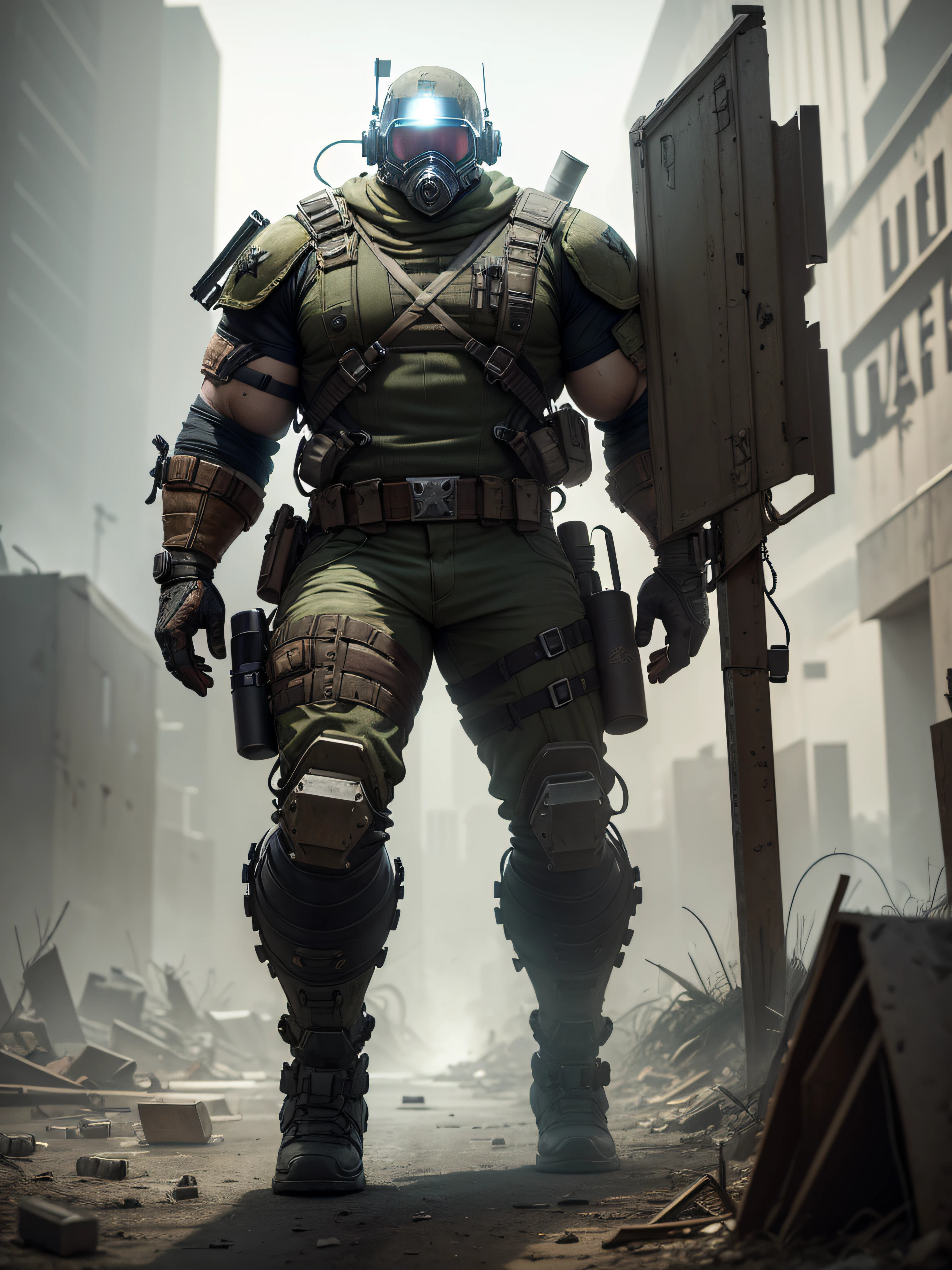 Make an abandoned Call of Duty-style Juggernaut outfit in the middle of an ultra-realistic post-apocalyptic setting